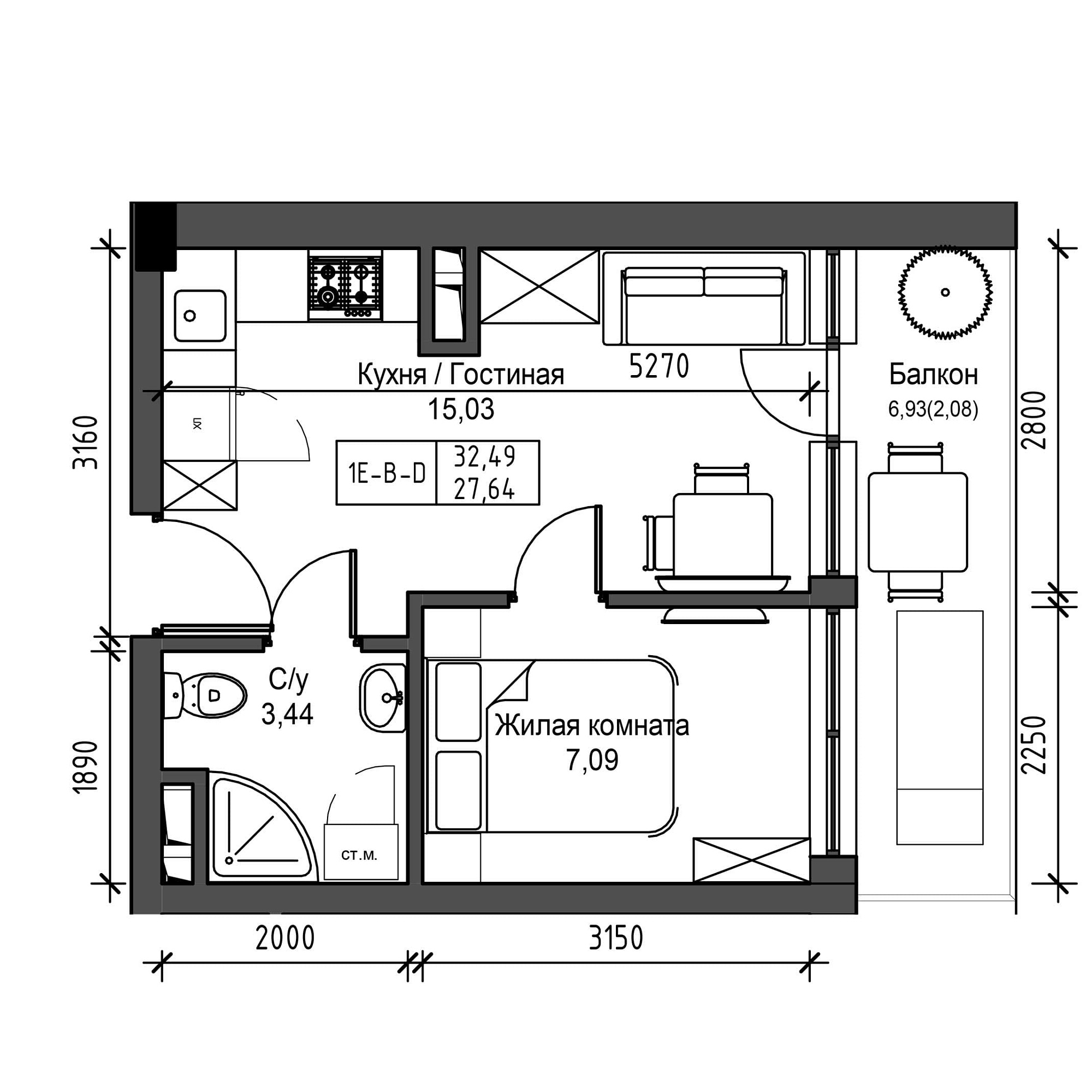 Planning 1-rm flats area 27.64m2, UM-001-09/0001.