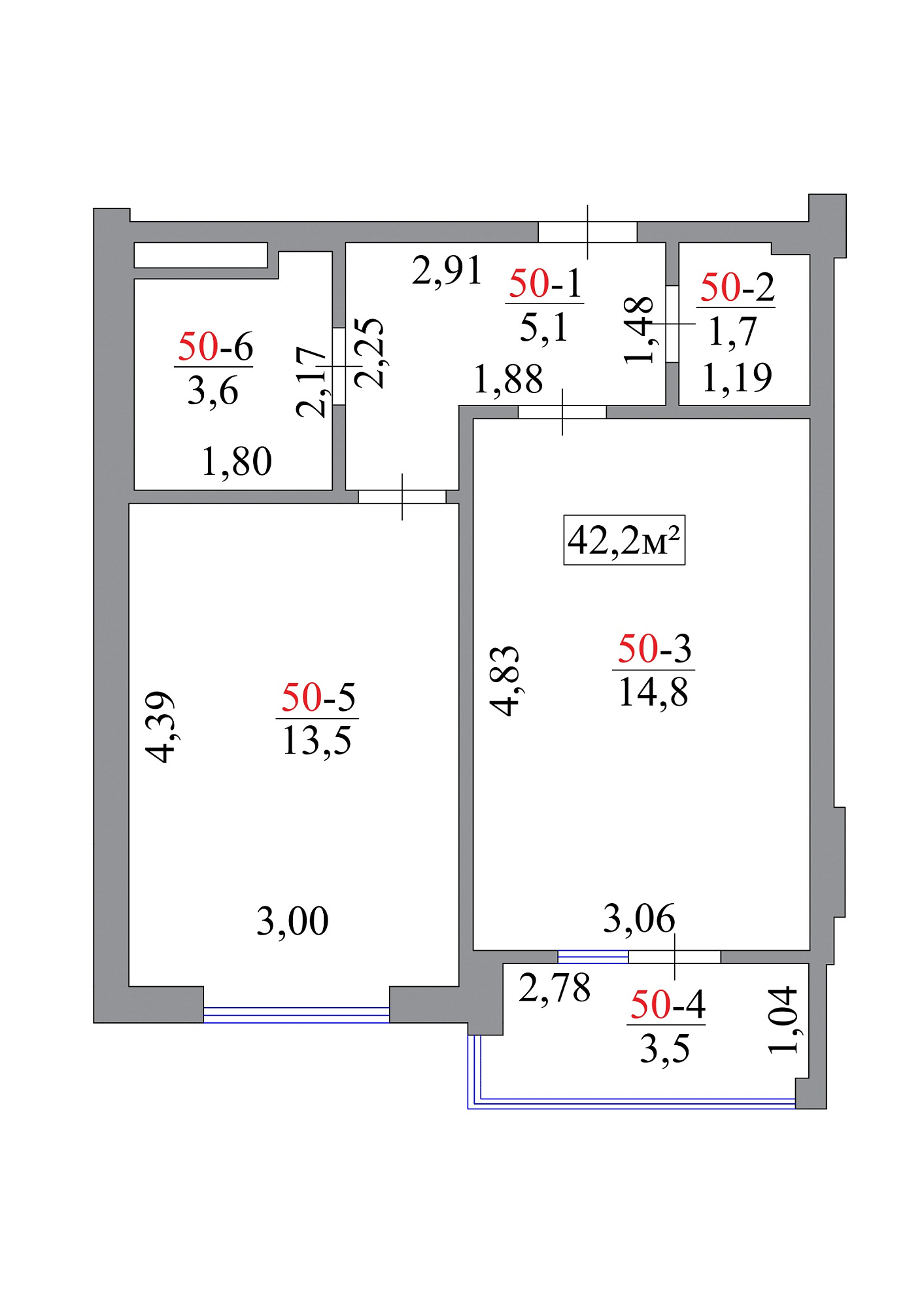Планировка 1-к квартира площей 42.2м2, AB-07-05/00045.