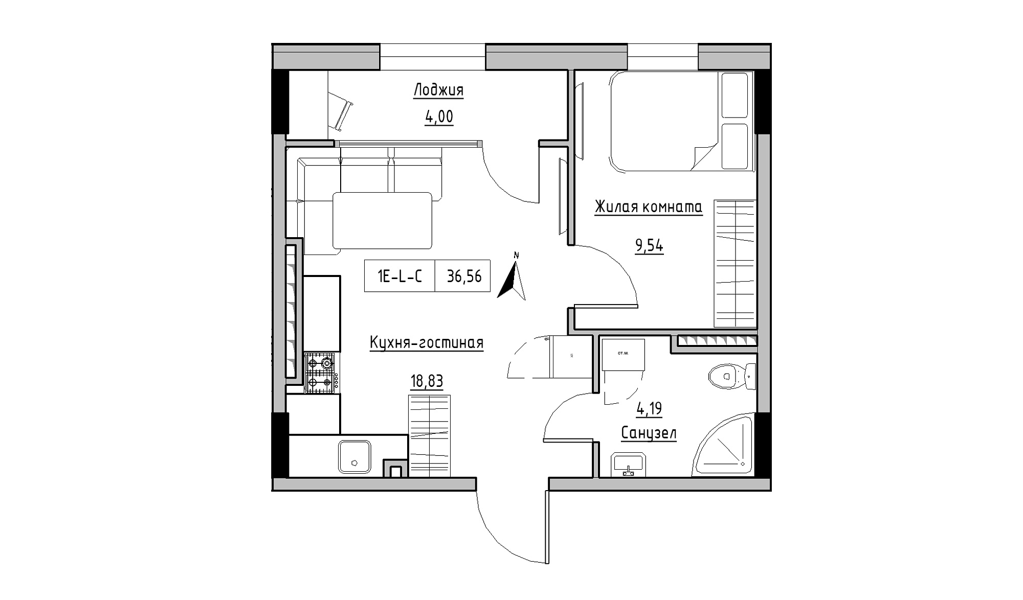Планировка 1-к квартира площей 36.56м2, KS-025-06/0008.