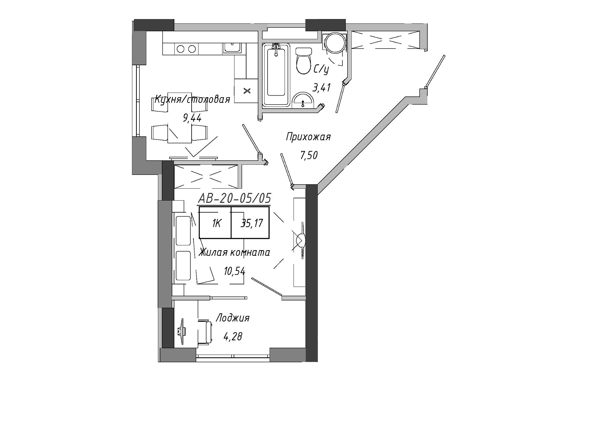 Планировка 1-к квартира площей 33.55м2, AB-20-05/00005.
