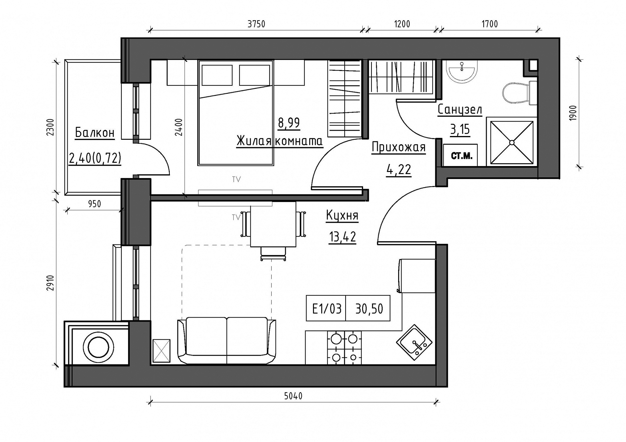 Планировка 1-к квартира площей 30.5м2, KS-011-02/0003.