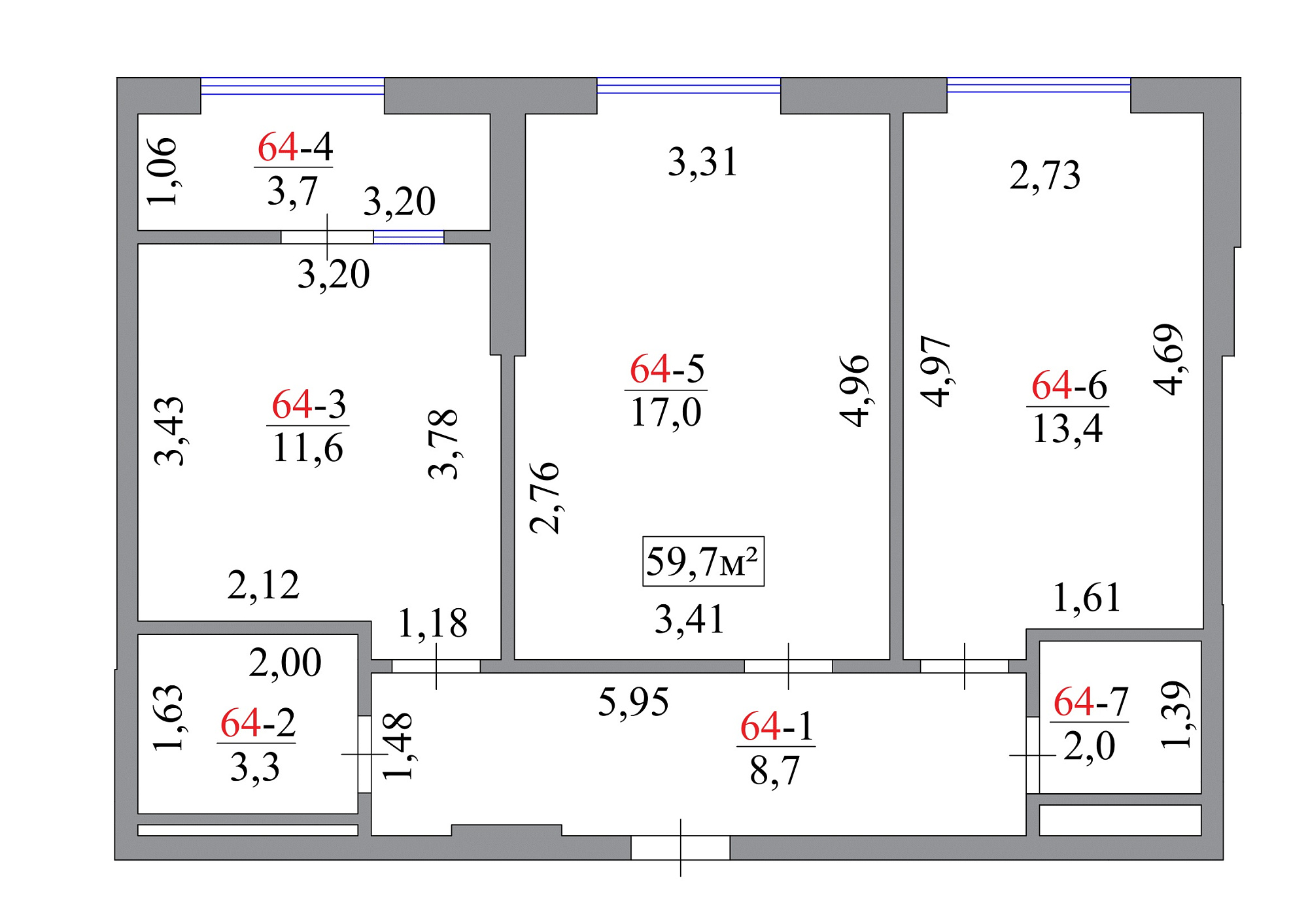 Планировка 2-к квартира площей 59.7м2, AB-07-07/00058.