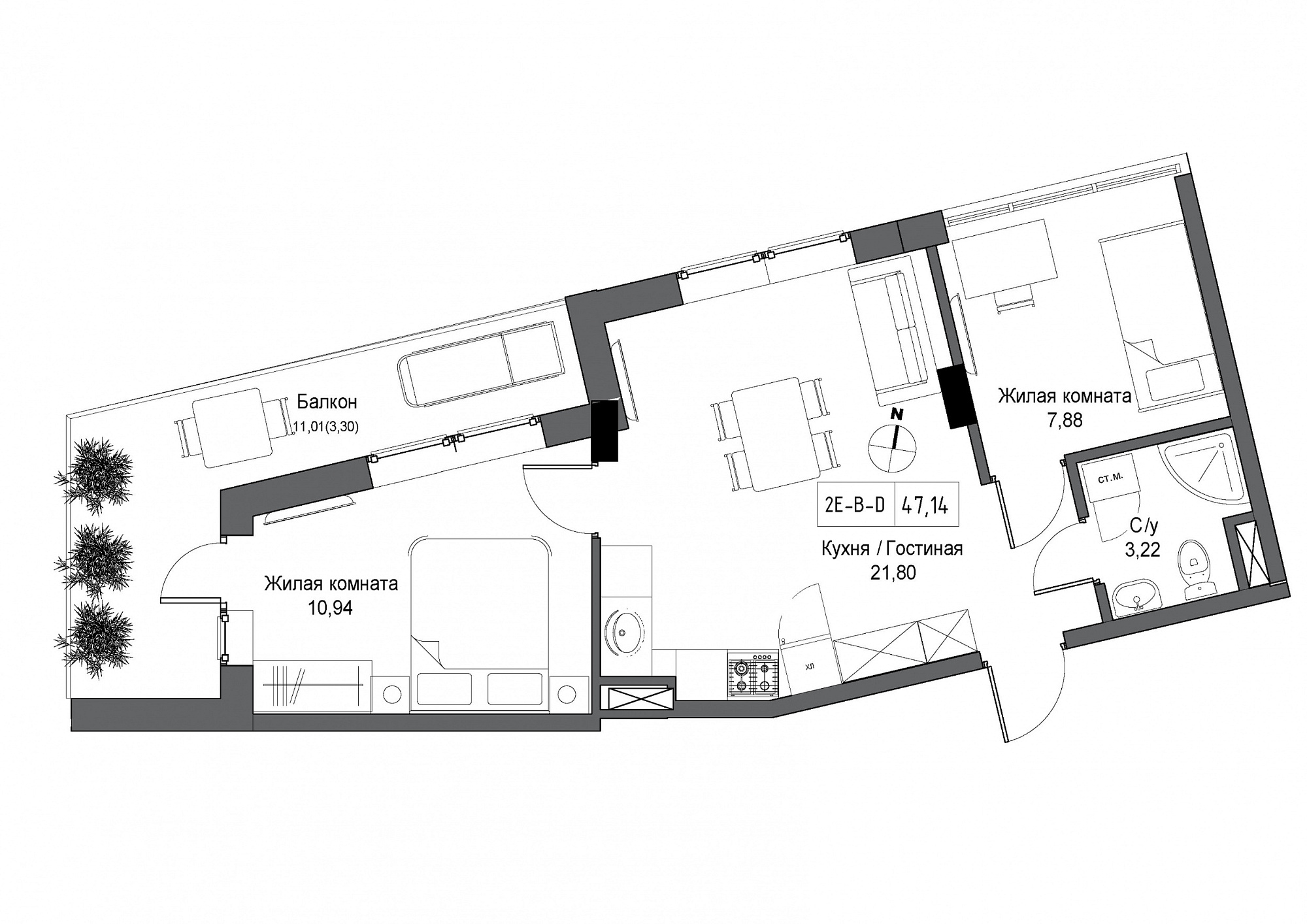 Планировка 2-к квартира площей 47.14м2, UM-004-09/0015.