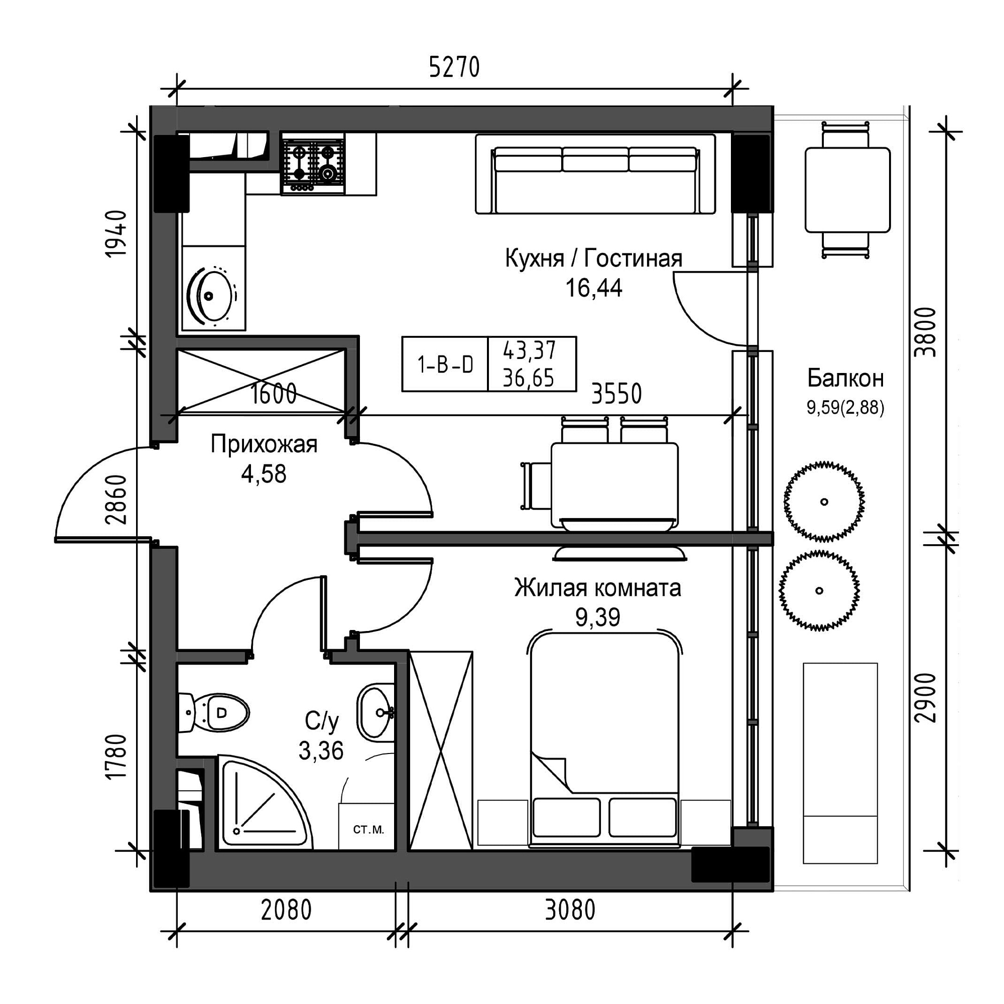 Планування 1-к квартира площею 36.65м2, UM-001-09/0002.