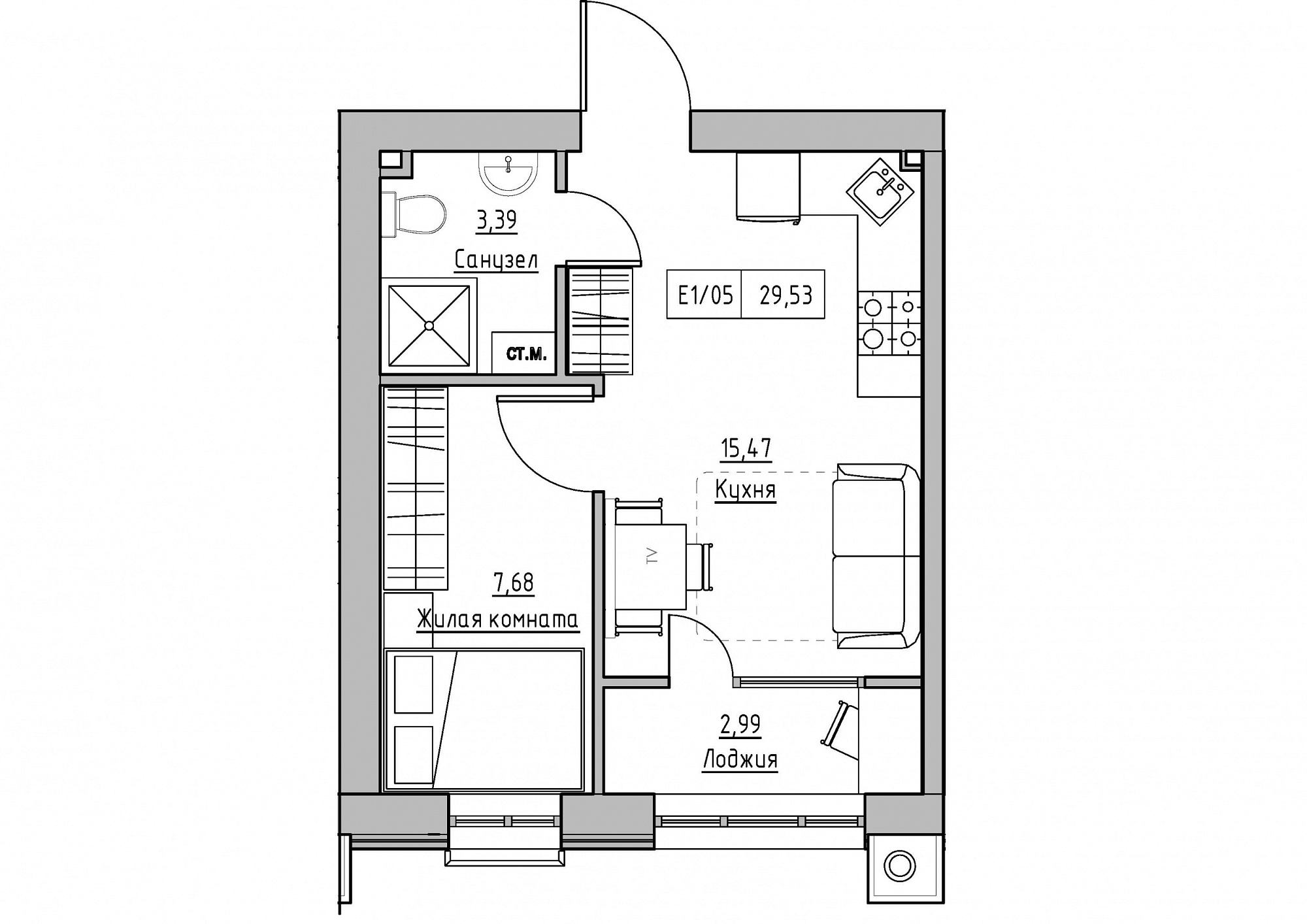 Планировка 1-к квартира площей 29.53м2, KS-011-04/0010.