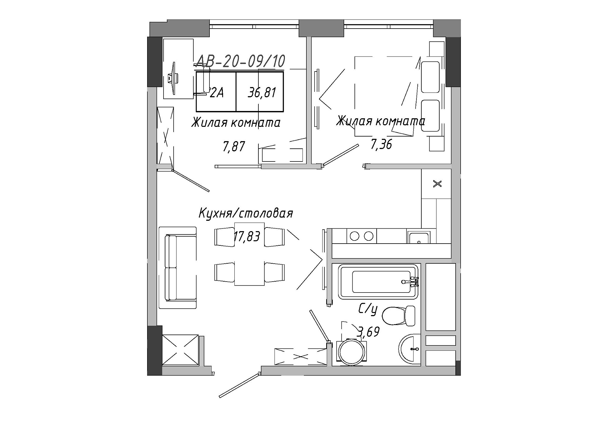 Планировка 2-к квартира площей 37.15м2, AB-20-09/00010.