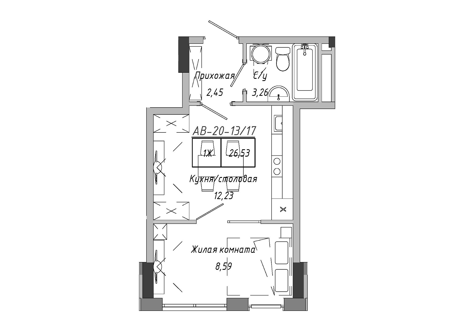 Планування 1-к квартира площею 26.53м2, AB-20-13/00117.