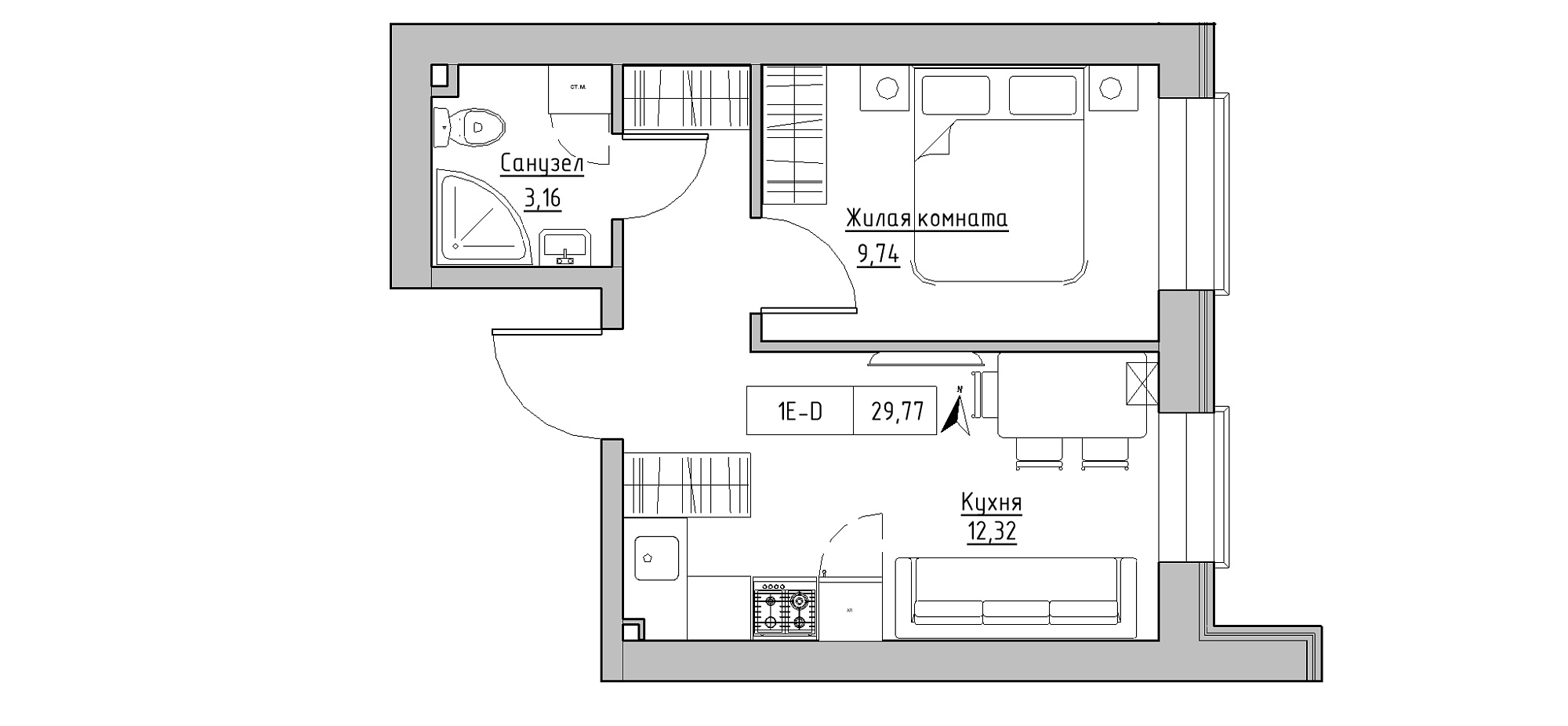 Планировка 1-к квартира площей 29.77м2, KS-020-01/0013.