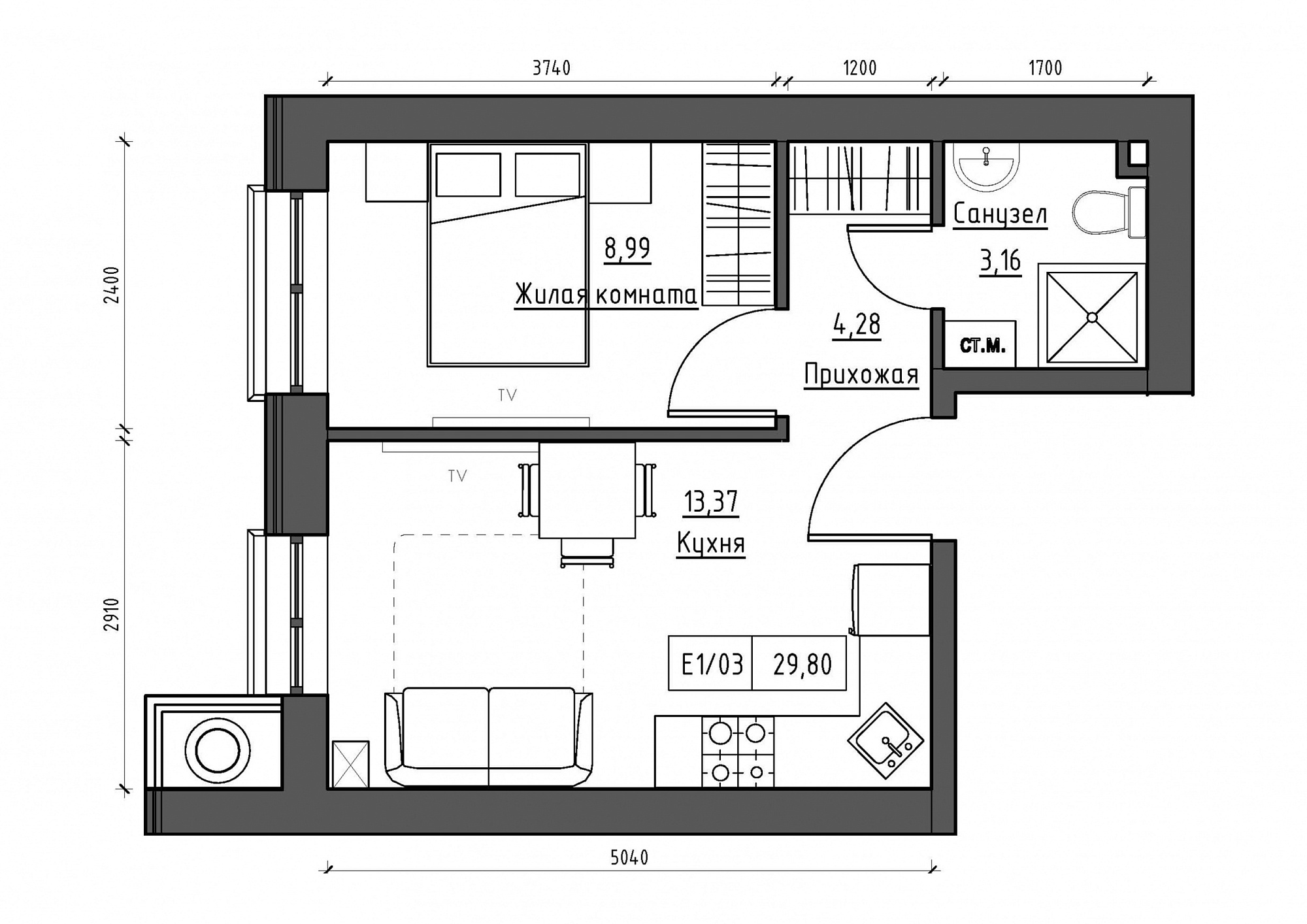 Planning 1-rm flats area 29.8m2, KS-011-01/0003.