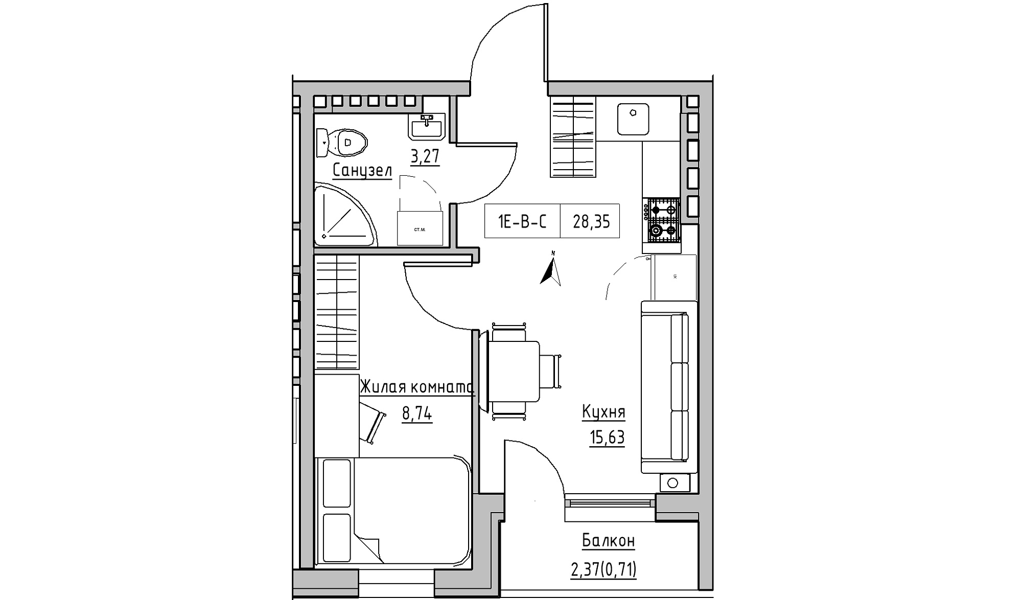 Планировка 1-к квартира площей 28.35м2, KS-024-05/0008.