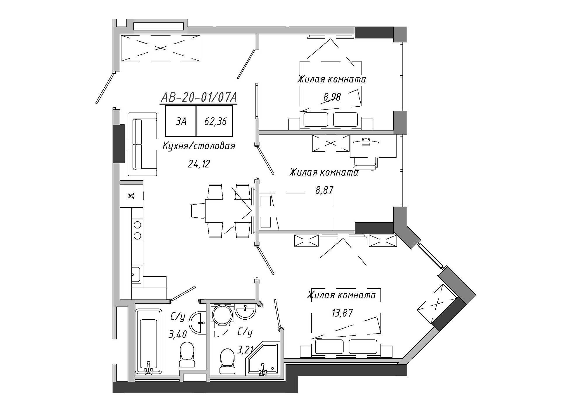 Planning 3-rm flats area 62.36m2, AB-20-01/0007а.