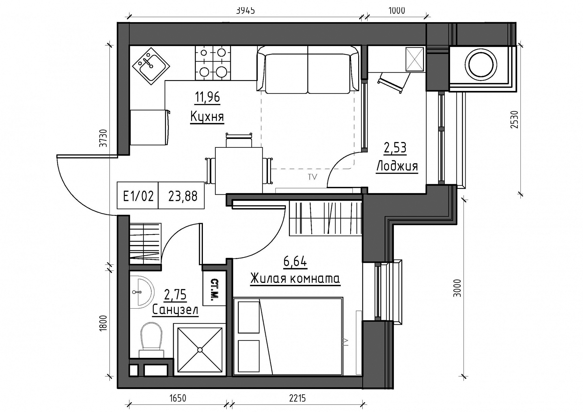Planning 1-rm flats area 23.88m2, KS-012-04/0015.