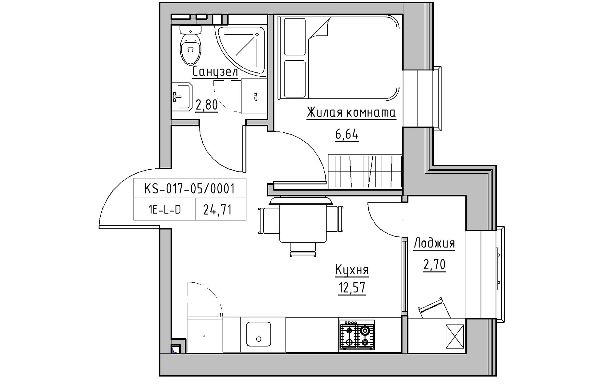 Планировка 1-к квартира площей 24.71м2, KS-017-05/0001.