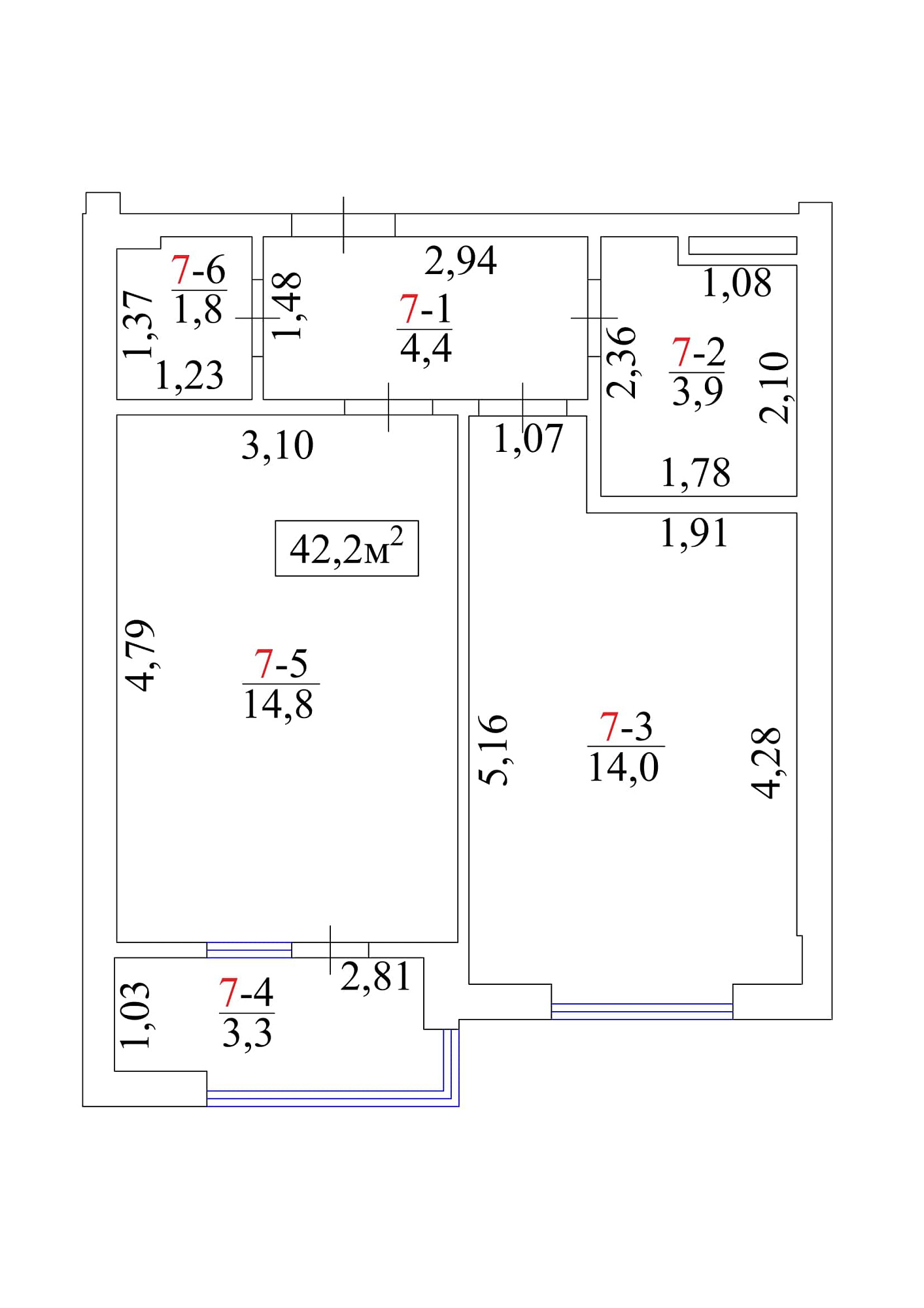 Планування 1-к квартира площею 42.2м2, AB-01-02/00009.