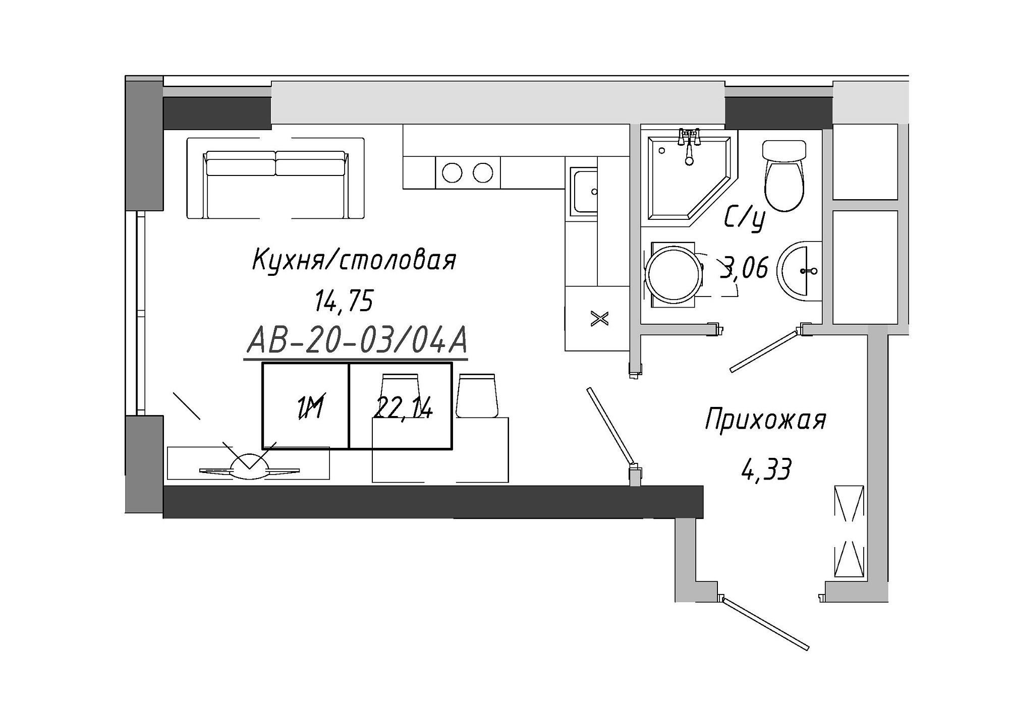 Planning Smart flats area 22.14m2, AB-20-03/0004а.