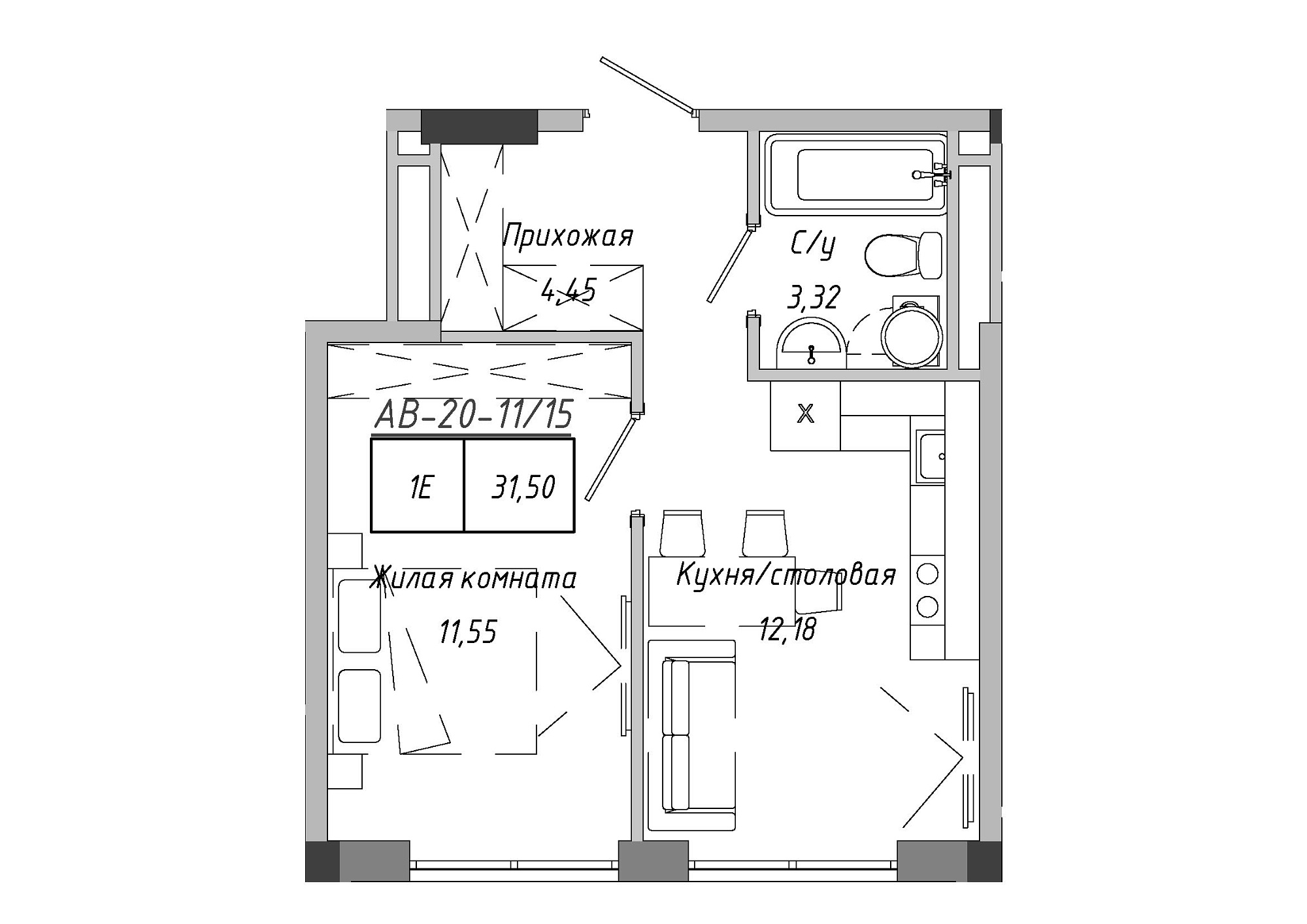 Планировка 1-к квартира площей 31.51м2, AB-20-11/00015.