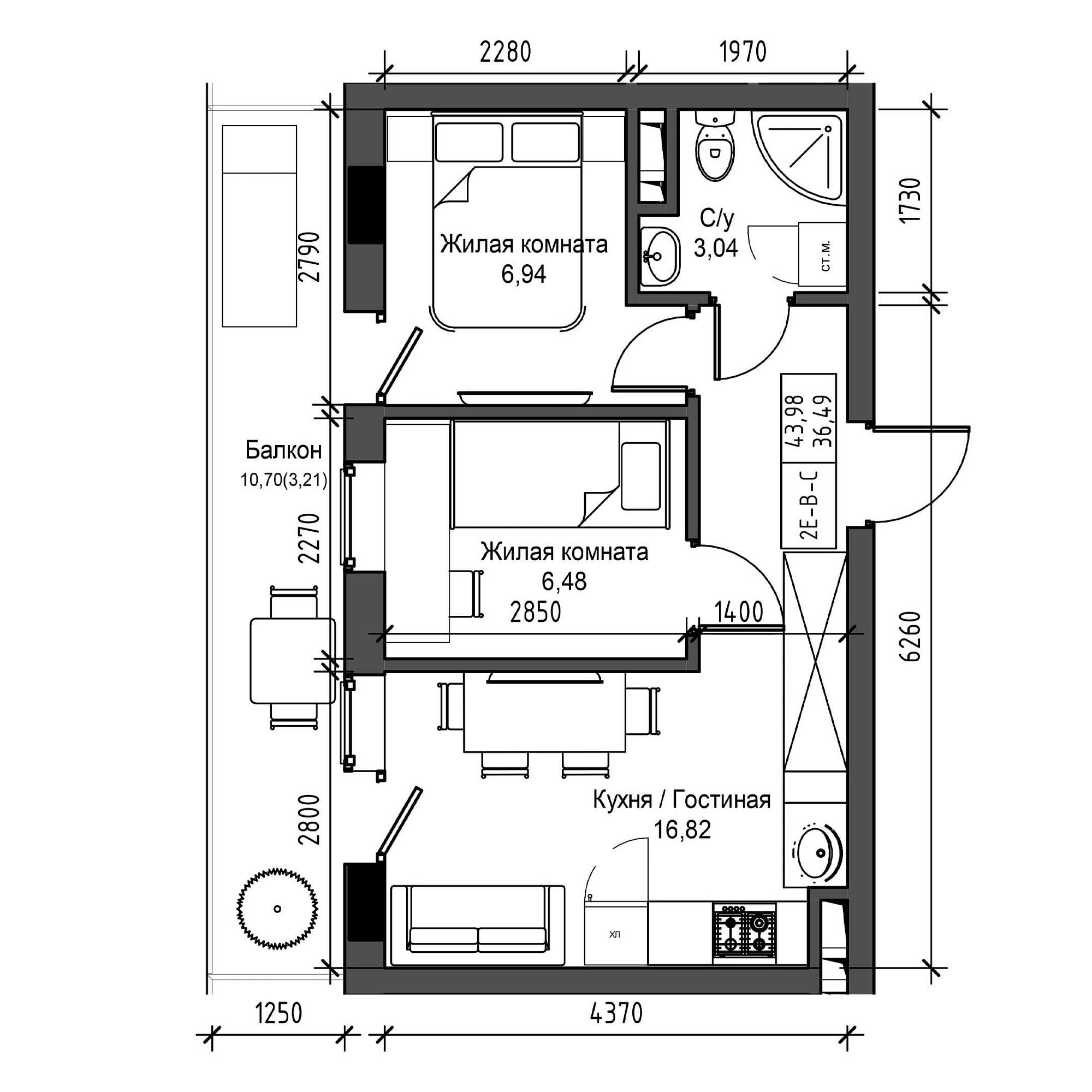 Планировка 2-к квартира площей 36.49м2, UM-001-04/0017.
