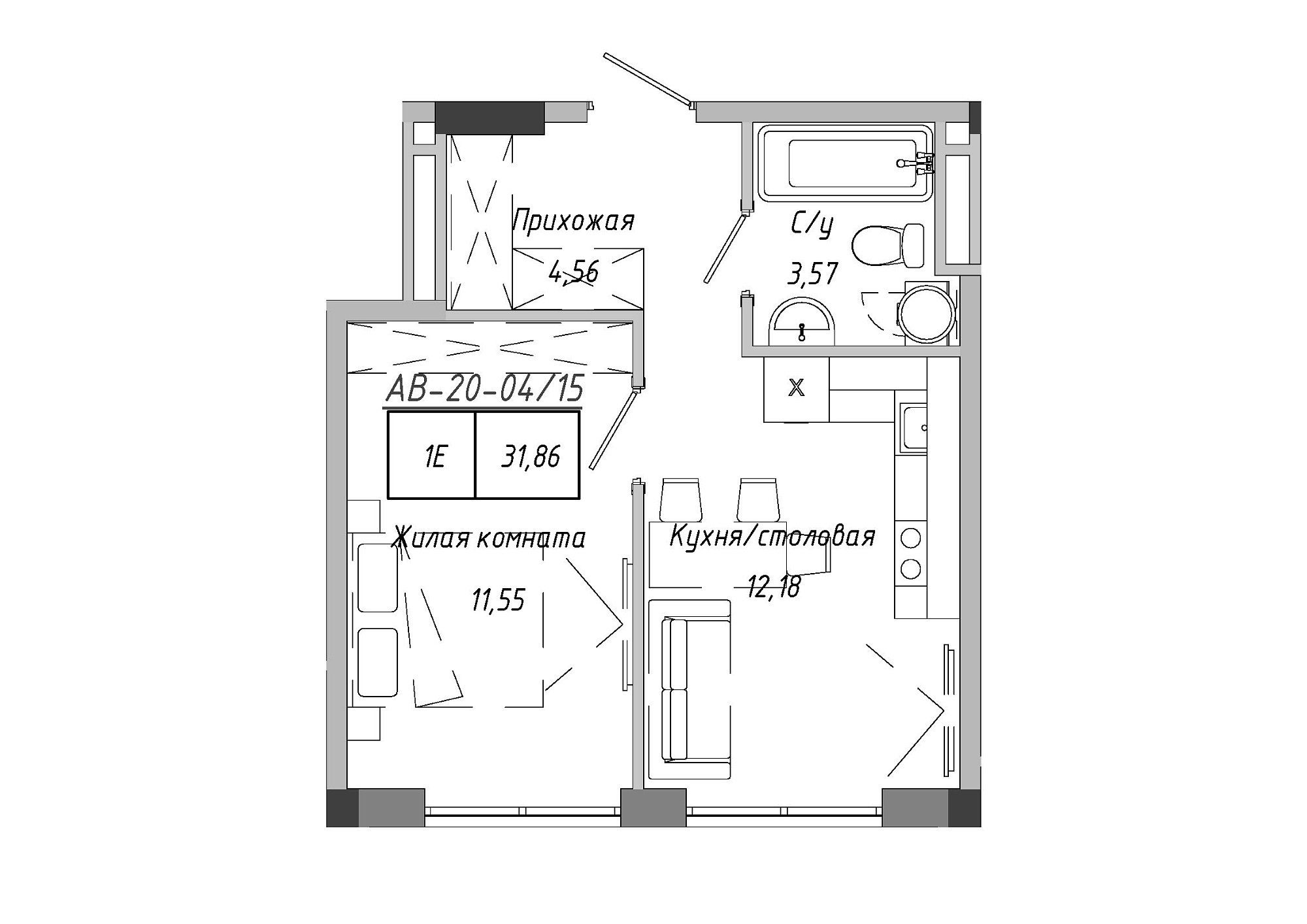 Планування 1-к квартира площею 31.86м2, AB-20-04/00015.