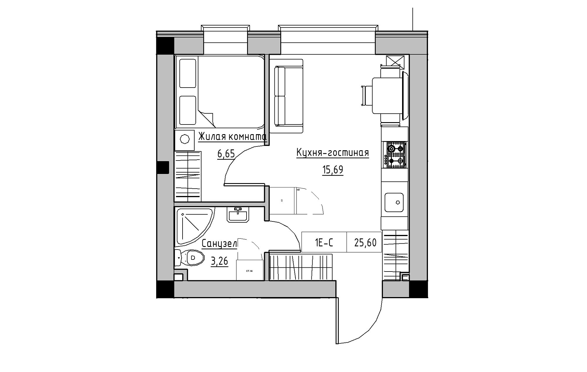 Планировка 1-к квартира площей 25.6м2, KS-018-05/0004.