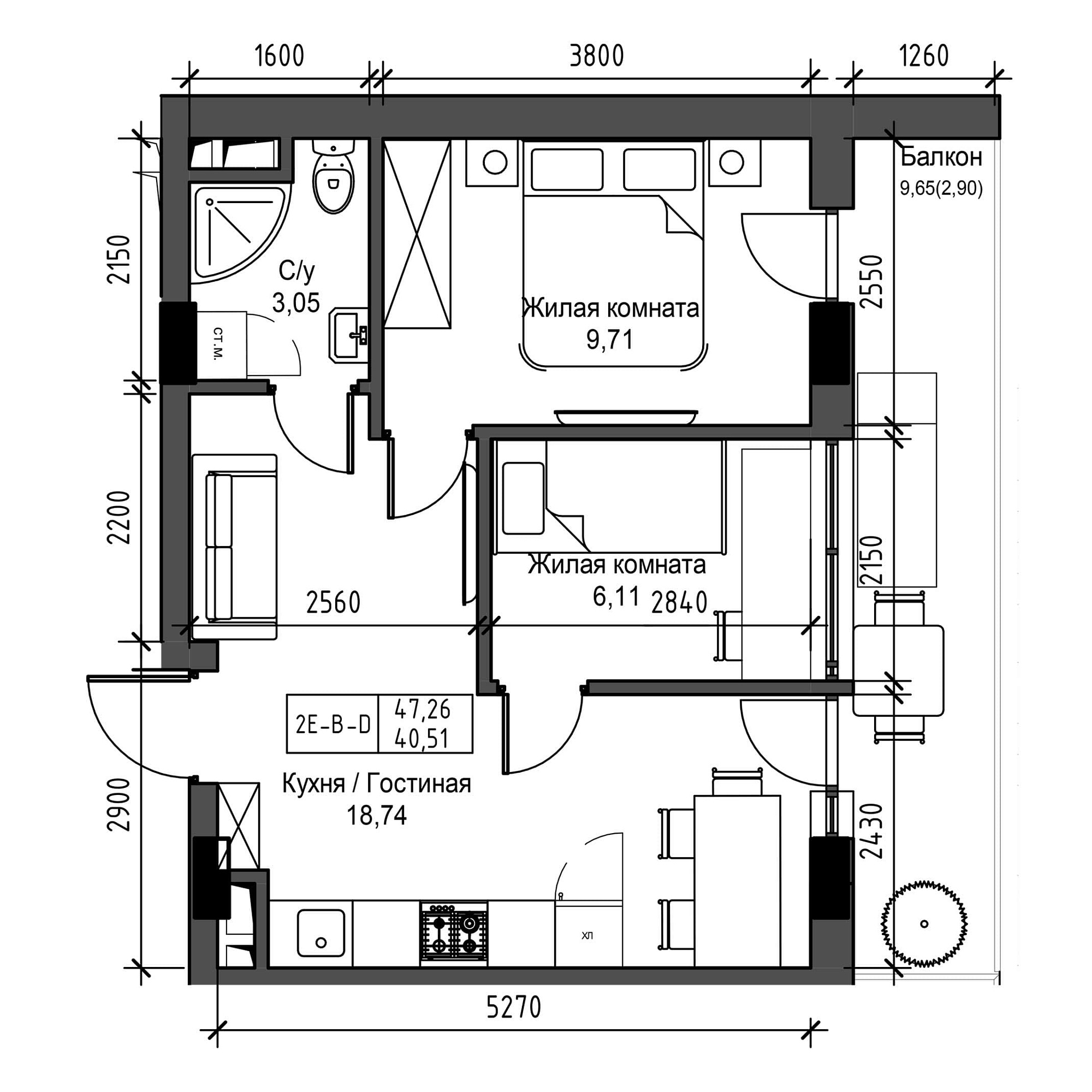 Planning 2-rm flats area 40.51m2, UM-001-04/0021.