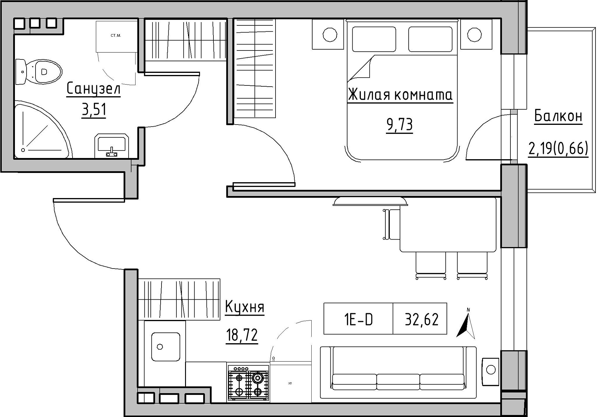 Планировка 1-к квартира площей 32.62м2, KS-024-02/0013.