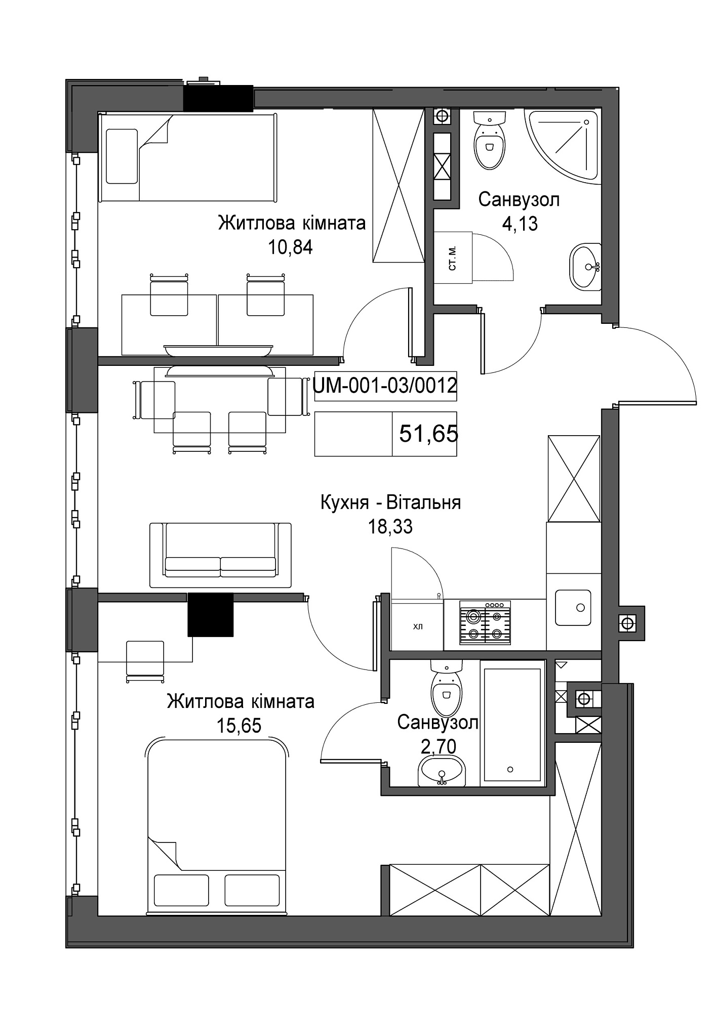 Планировка 2-к квартира площей 51.65м2, UM-001-03/0012.