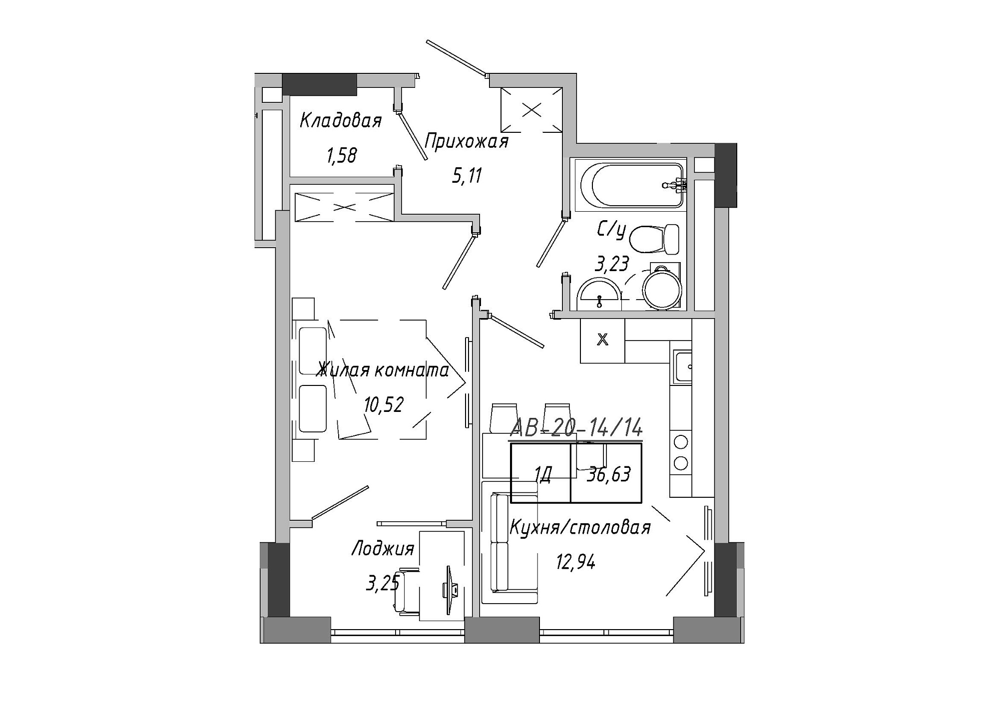 Планировка 1-к квартира площей 36.63м2, 9f6ae8a1-a23f-11ed-bab4-00155d42e31d.