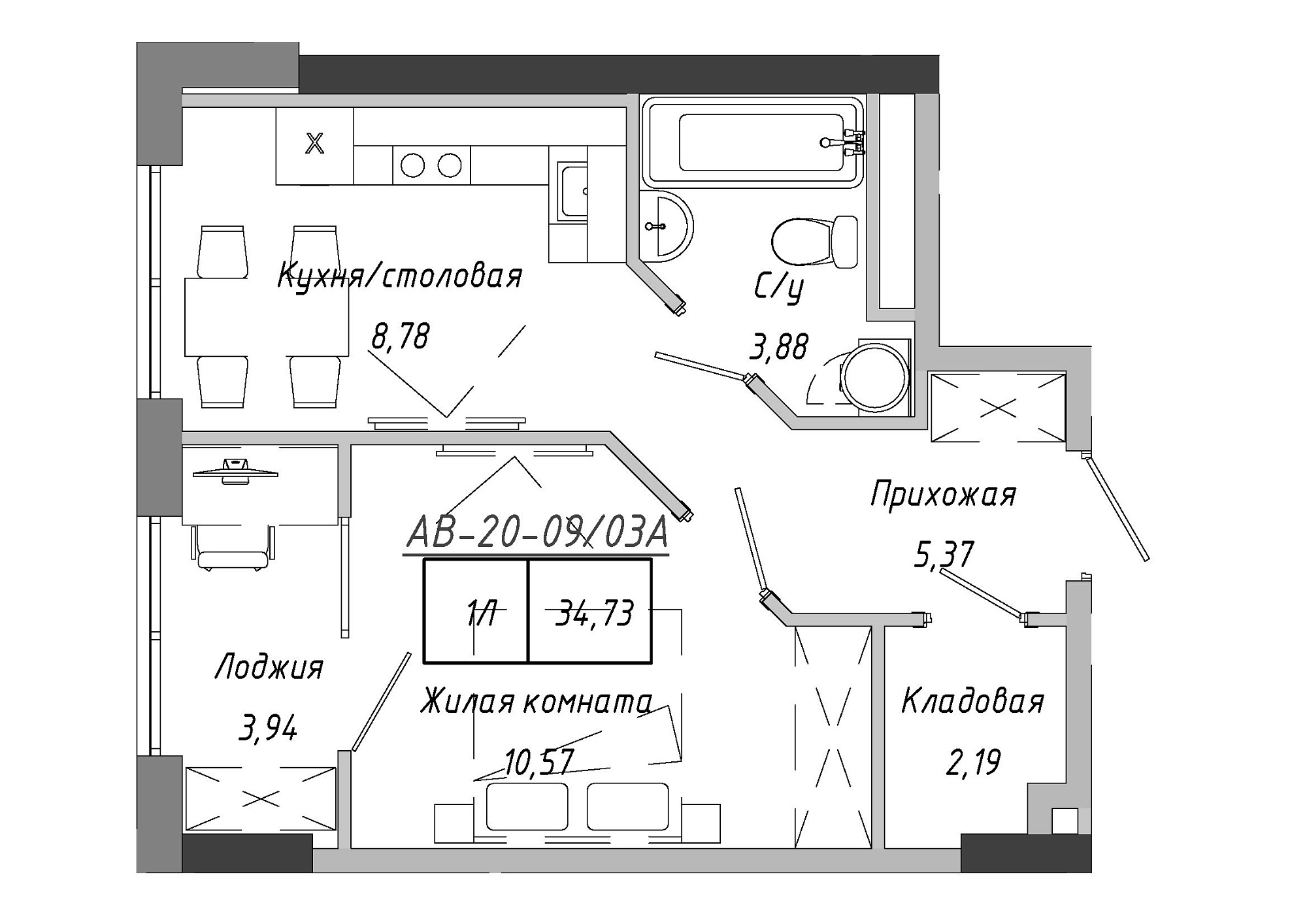 Планировка 1-к квартира площей 35.26м2, AB-20-09/0003а.