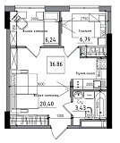 Планування 2-к квартира площею 36.86м2, AB-06-09/00009.