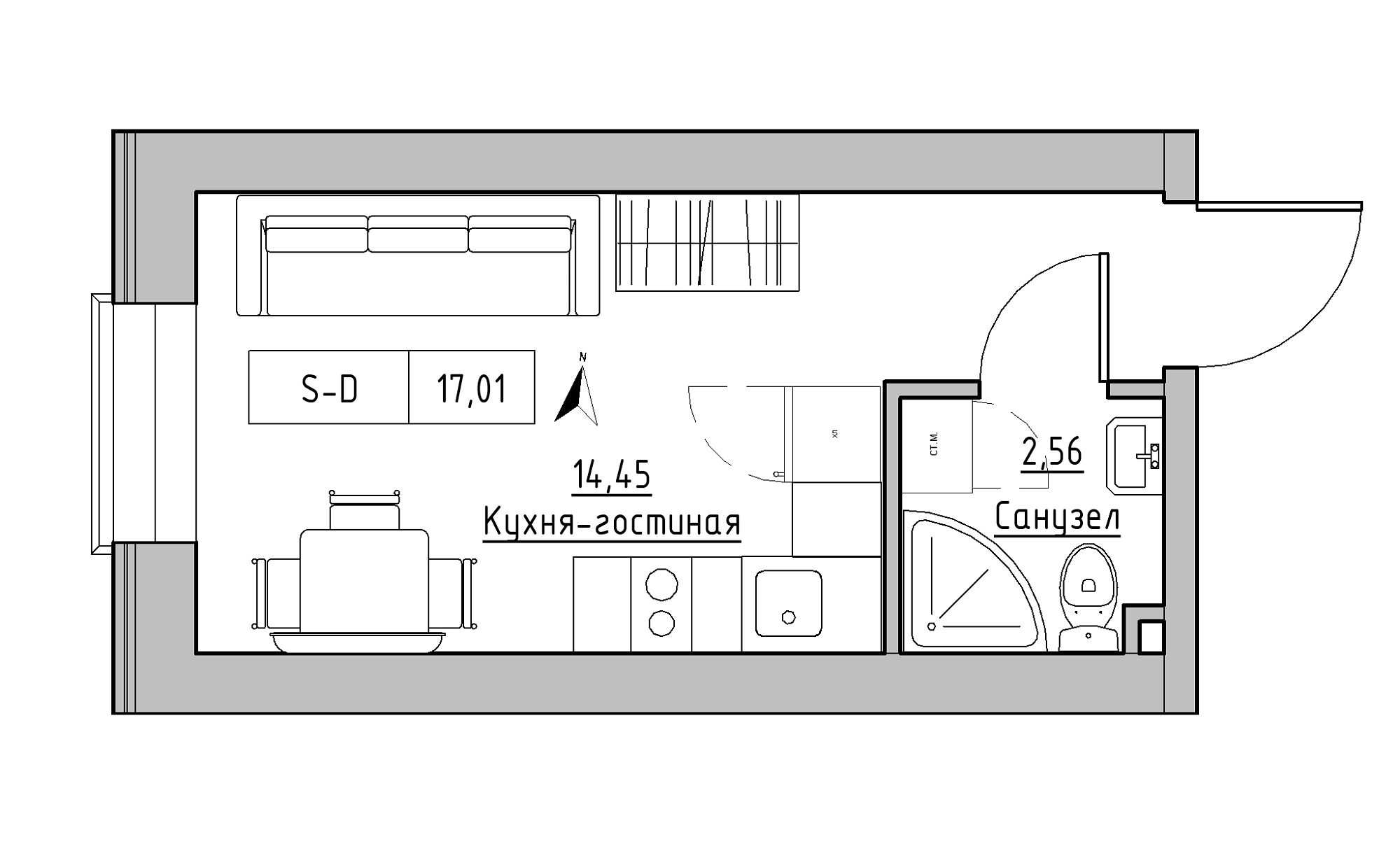 Планування Smart-квартира площею 17.01м2, KS-023-05/0002.