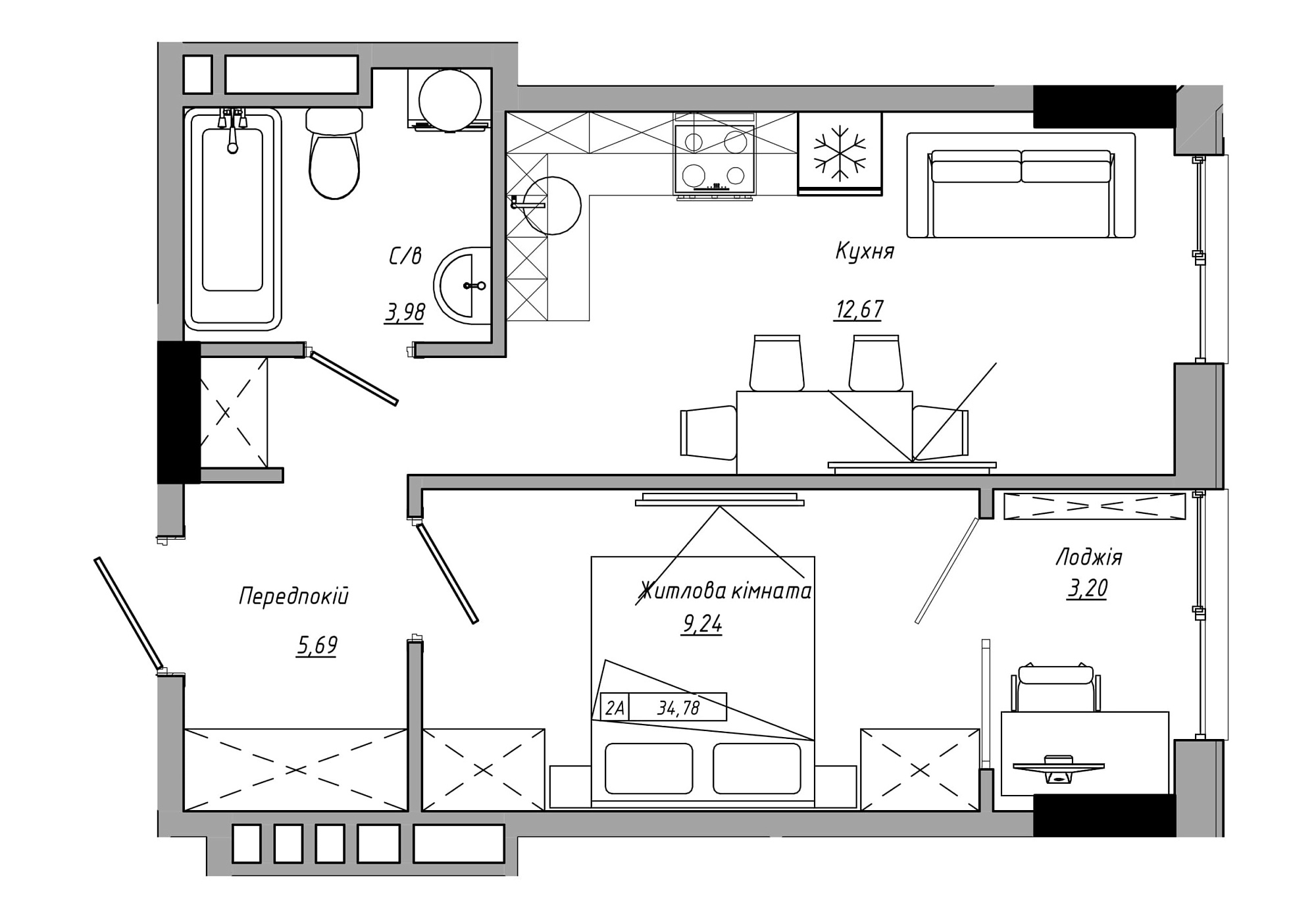 Планировка 1-к квартира площей 34.78м2, AB-21-05/00002.