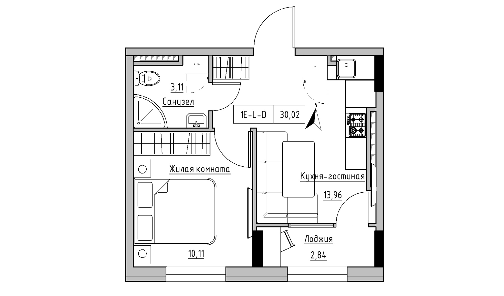 Планування 1-к квартира площею 30.02м2, KS-025-06/0014.