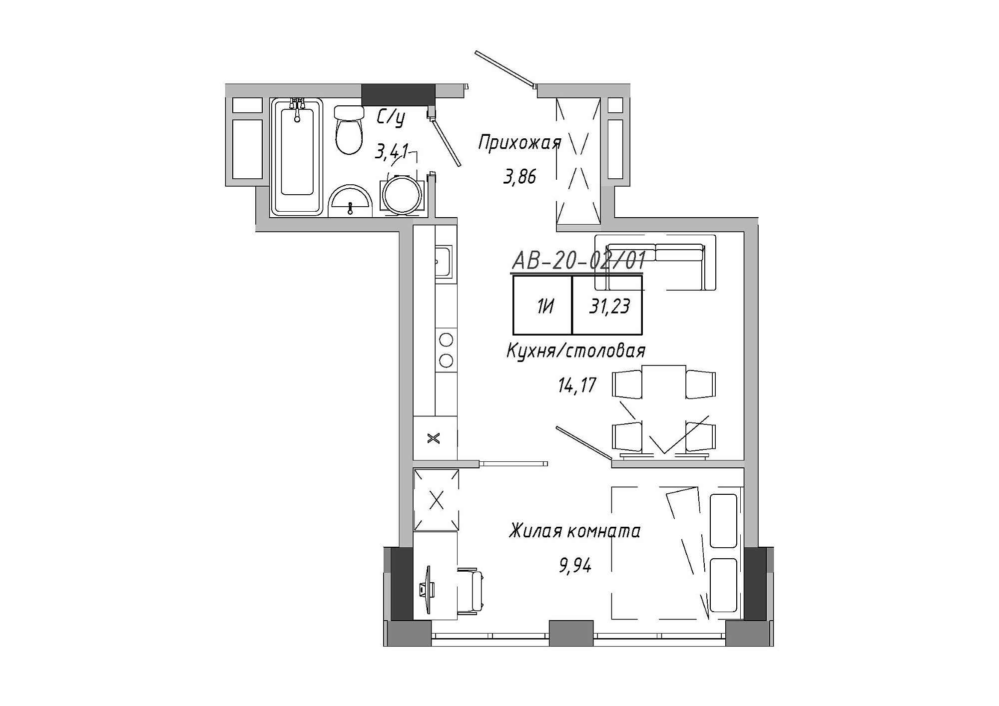 Планировка 1-к квартира площей 31.23м2, AB-20-02/00001.