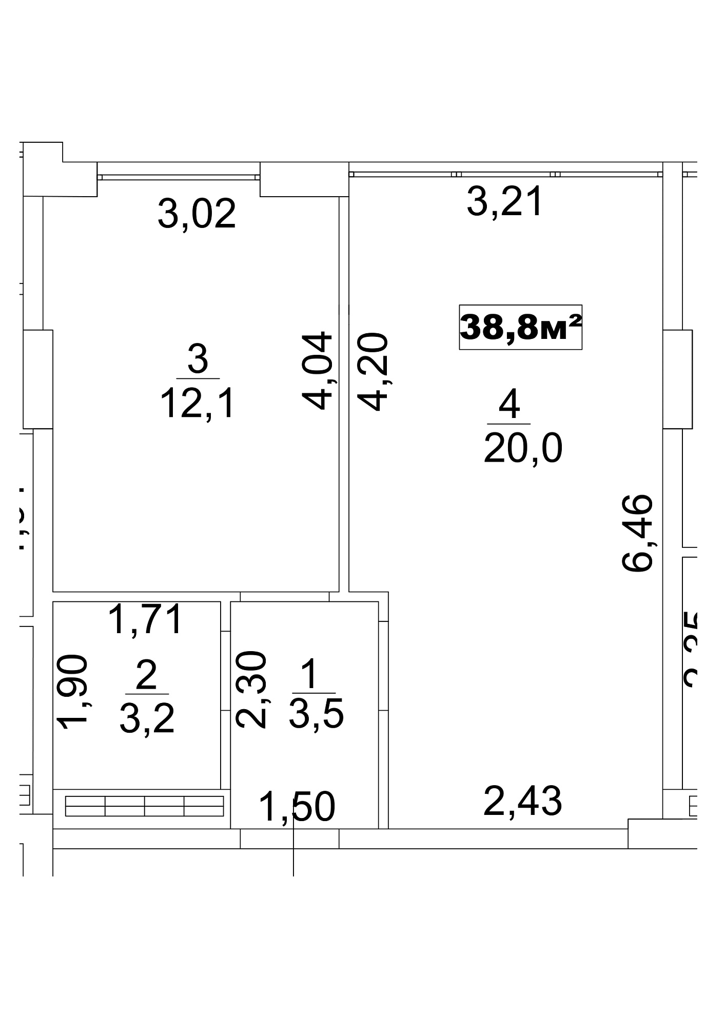 Планировка 1-к квартира площей 38.8м2, AB-13-08/00066.