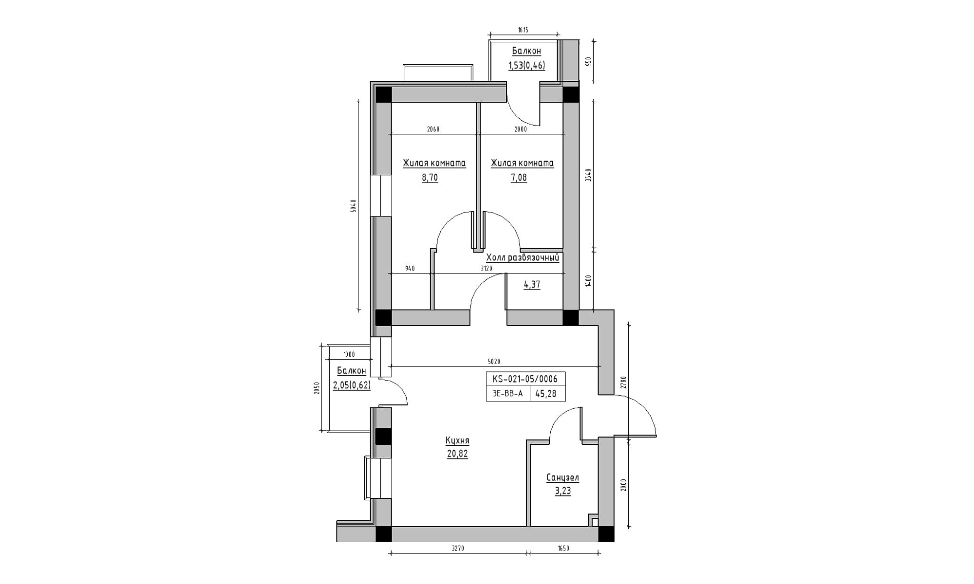Планування 3-к квартира площею 45.28м2, KS-021-05/0006.