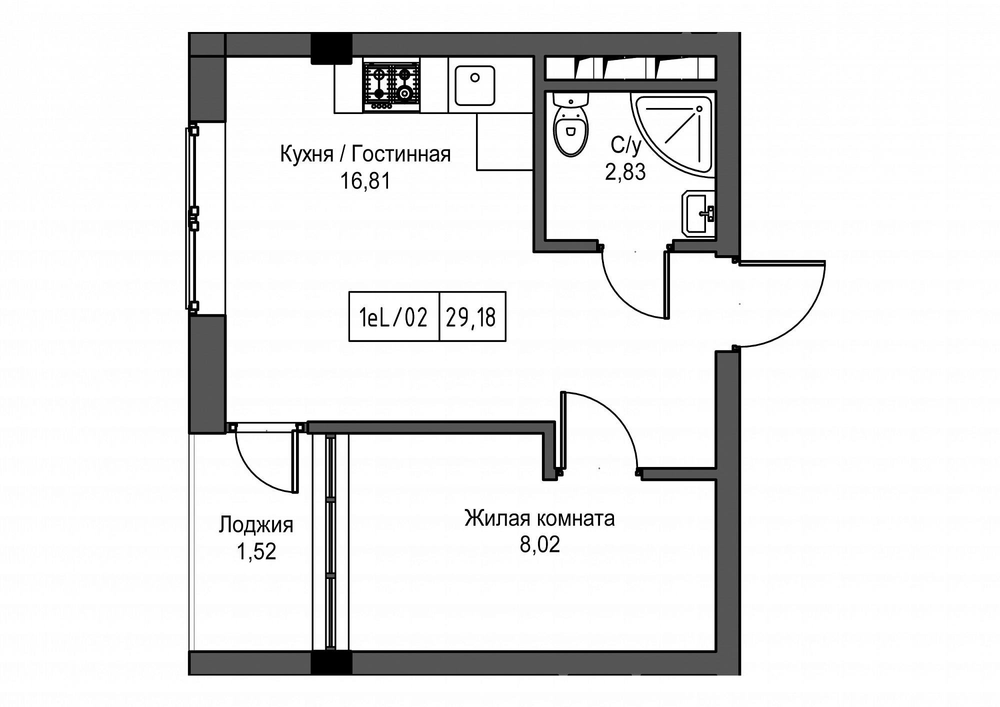Планировка 1-к квартира площей 29.18м2, UM-002-02/0096.