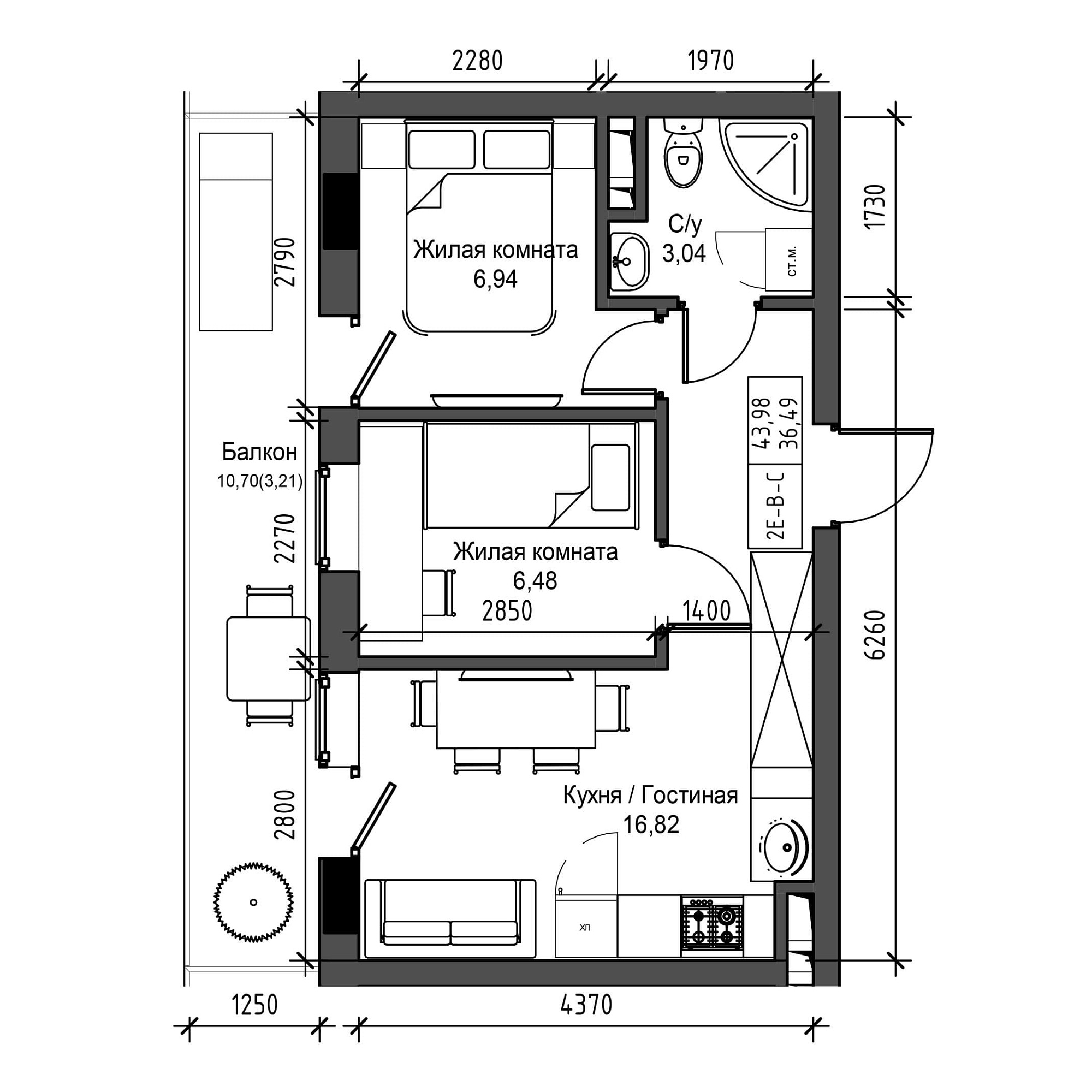 Планировка 2-к квартира площей 36.49м2, UM-001-07/0017.
