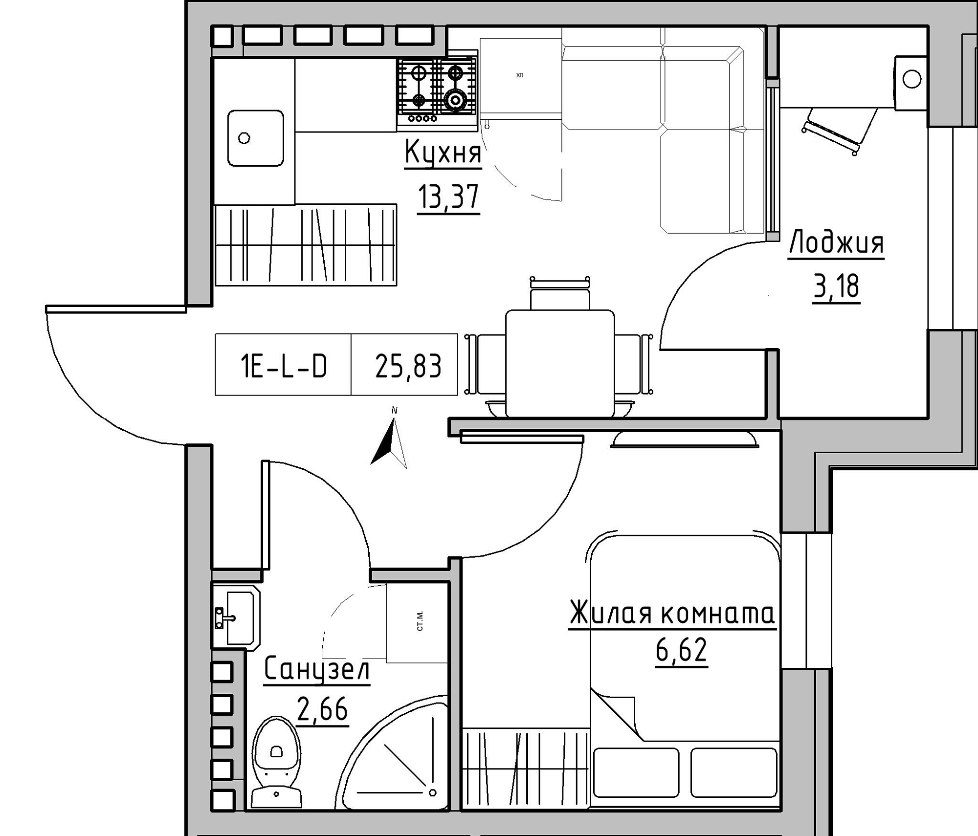 Планировка 1-к квартира площей 25.83м2, KS-024-04/0017.