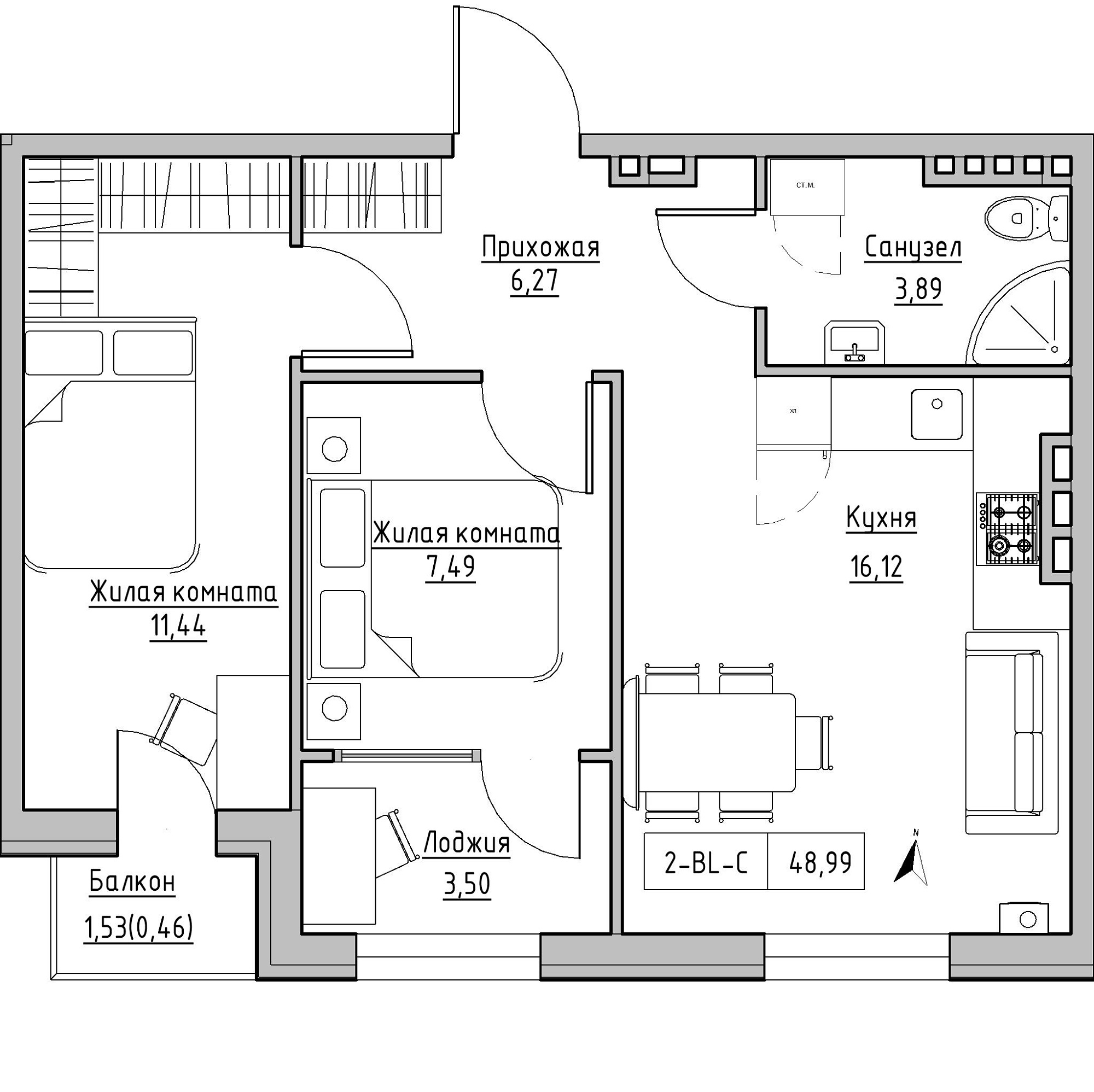 Planning 2-rm flats area 48.99m2, KS-024-04/0009.