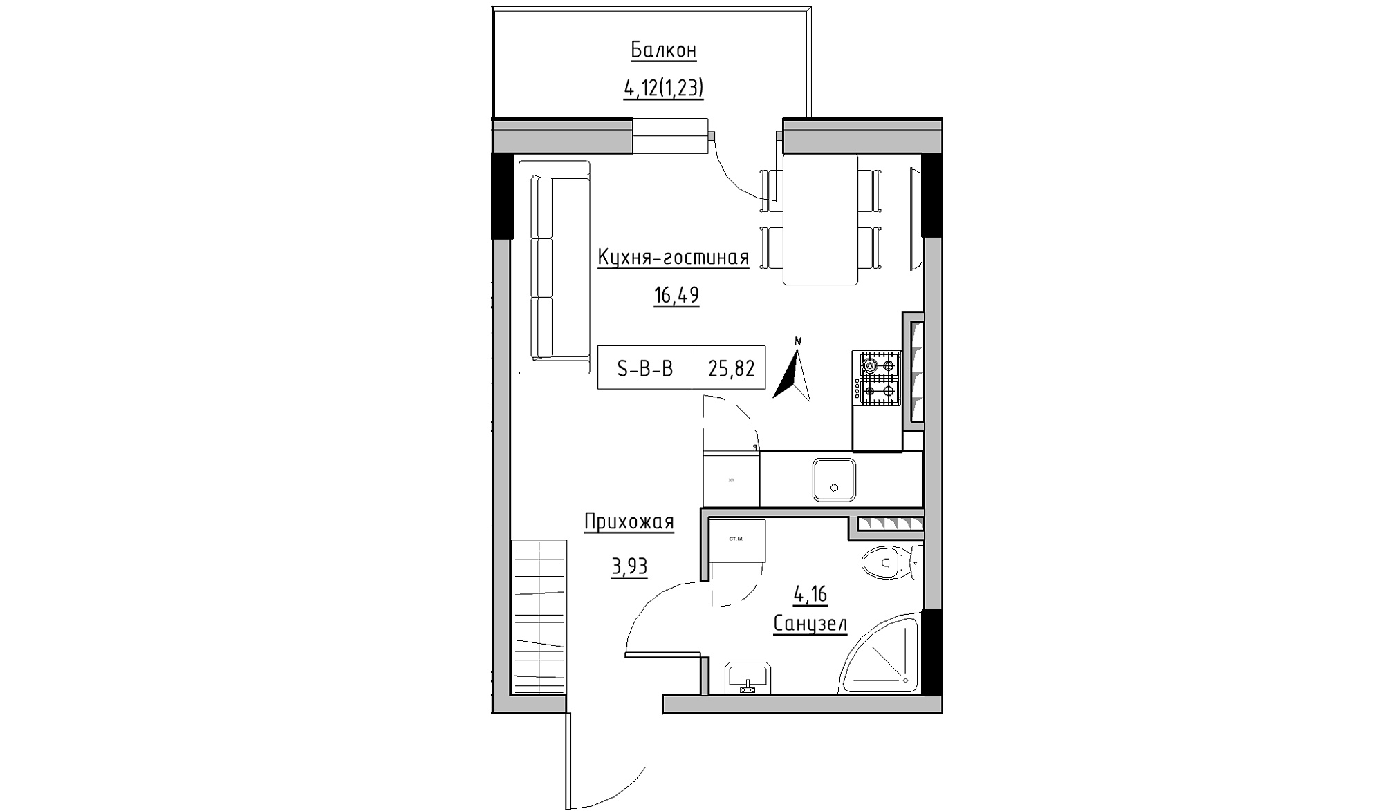 Планування Smart-квартира площею 25.82м2, KS-025-04/0007.