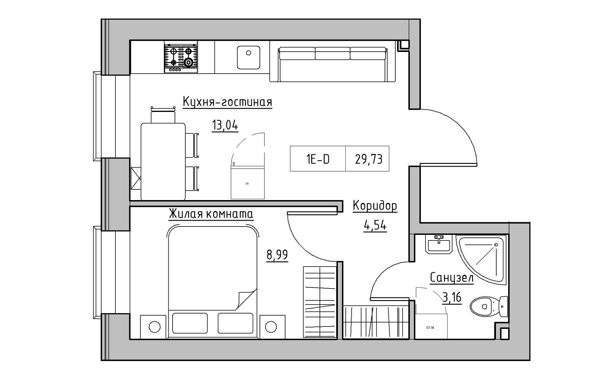 Планировка 1-к квартира площей 29.73м2, KS-018-01/0012.