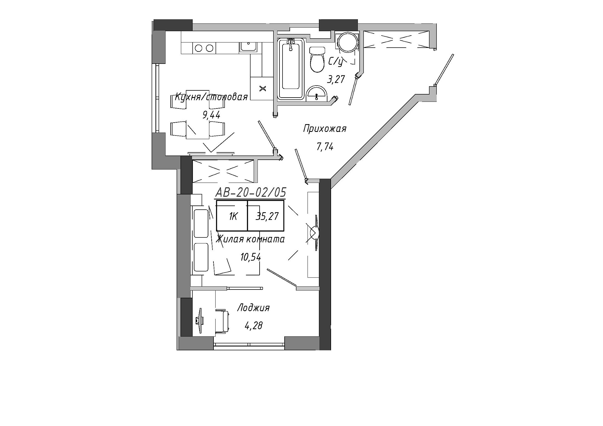 Планировка 1-к квартира площей 35.27м2, AB-20-02/00005.