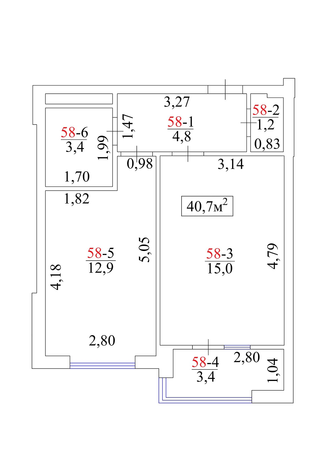 Планировка 1-к квартира площей 40.7м2, AB-01-07/00055.