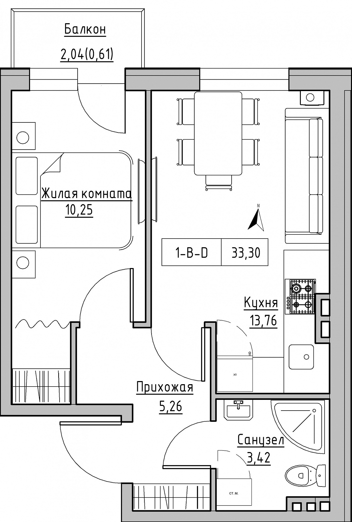 Планировка 1-к квартира площей 33.3м2, KS-024-04/0003.