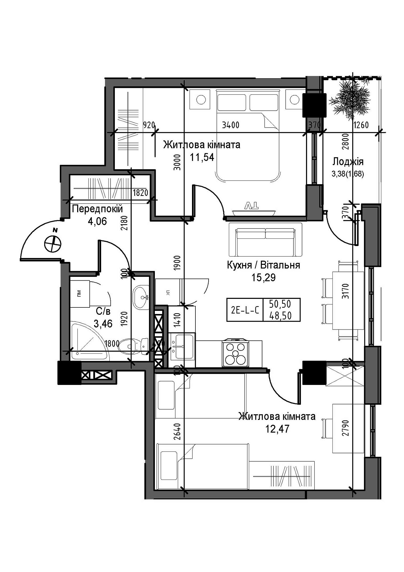 Planning 2-rm flats area 48.5m2, UM-007-03/0007.
