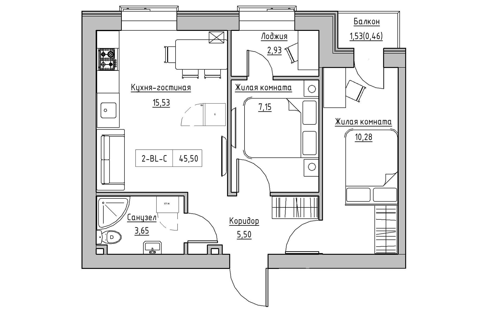 Планировка 2-к квартира площей 45.5м2, KS-018-04/0008.