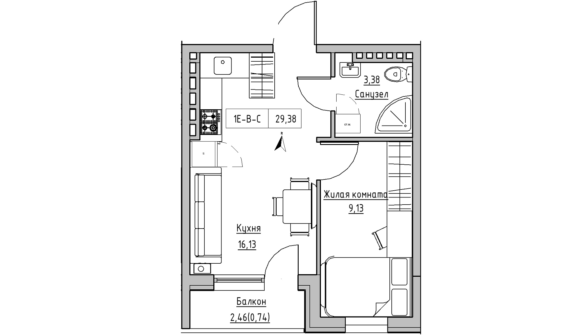 Планування 1-к квартира площею 29.38м2, KS-024-05/0007.