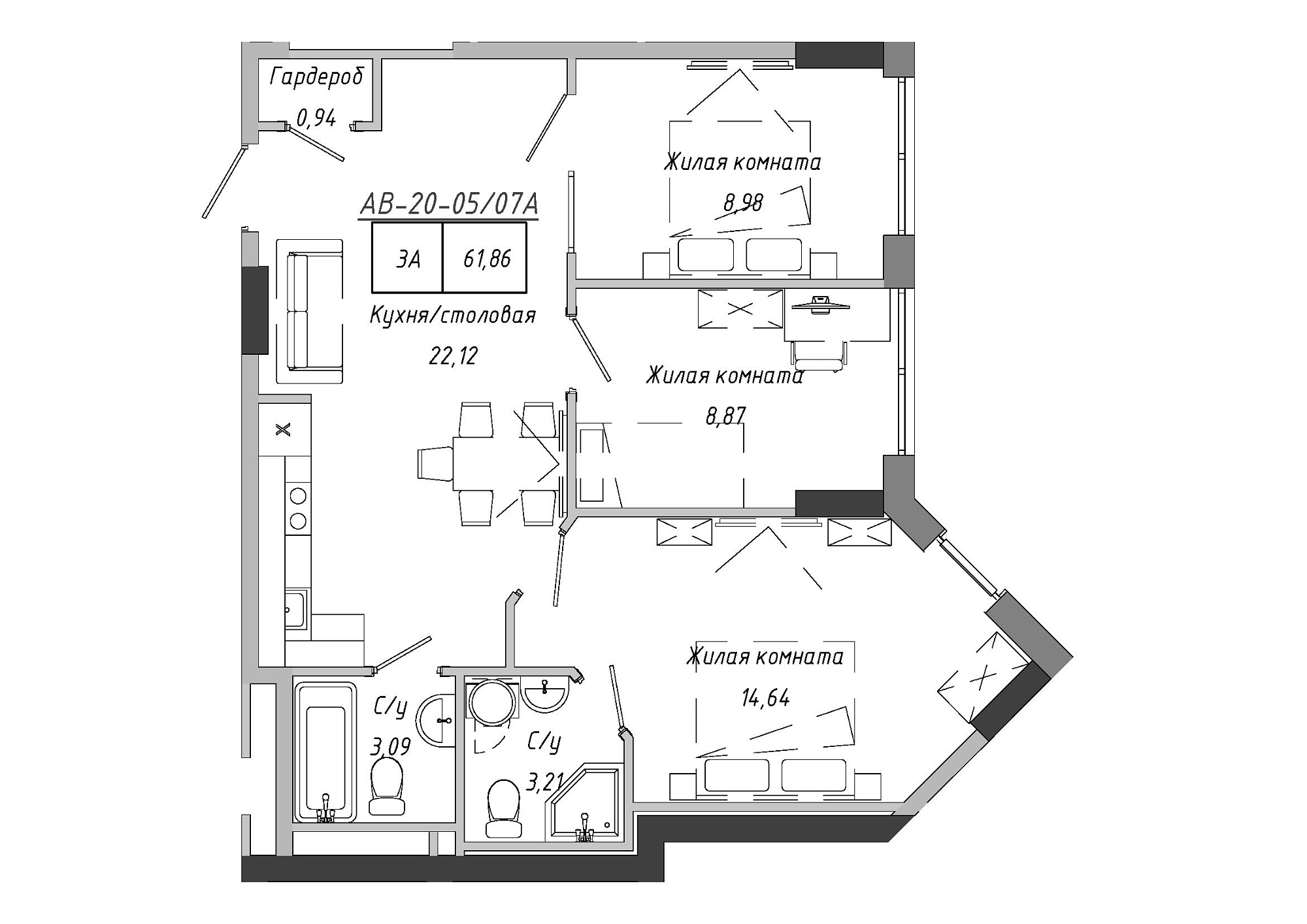 Planning 3-rm flats area 62.67m2, AB-20-05/0007а.