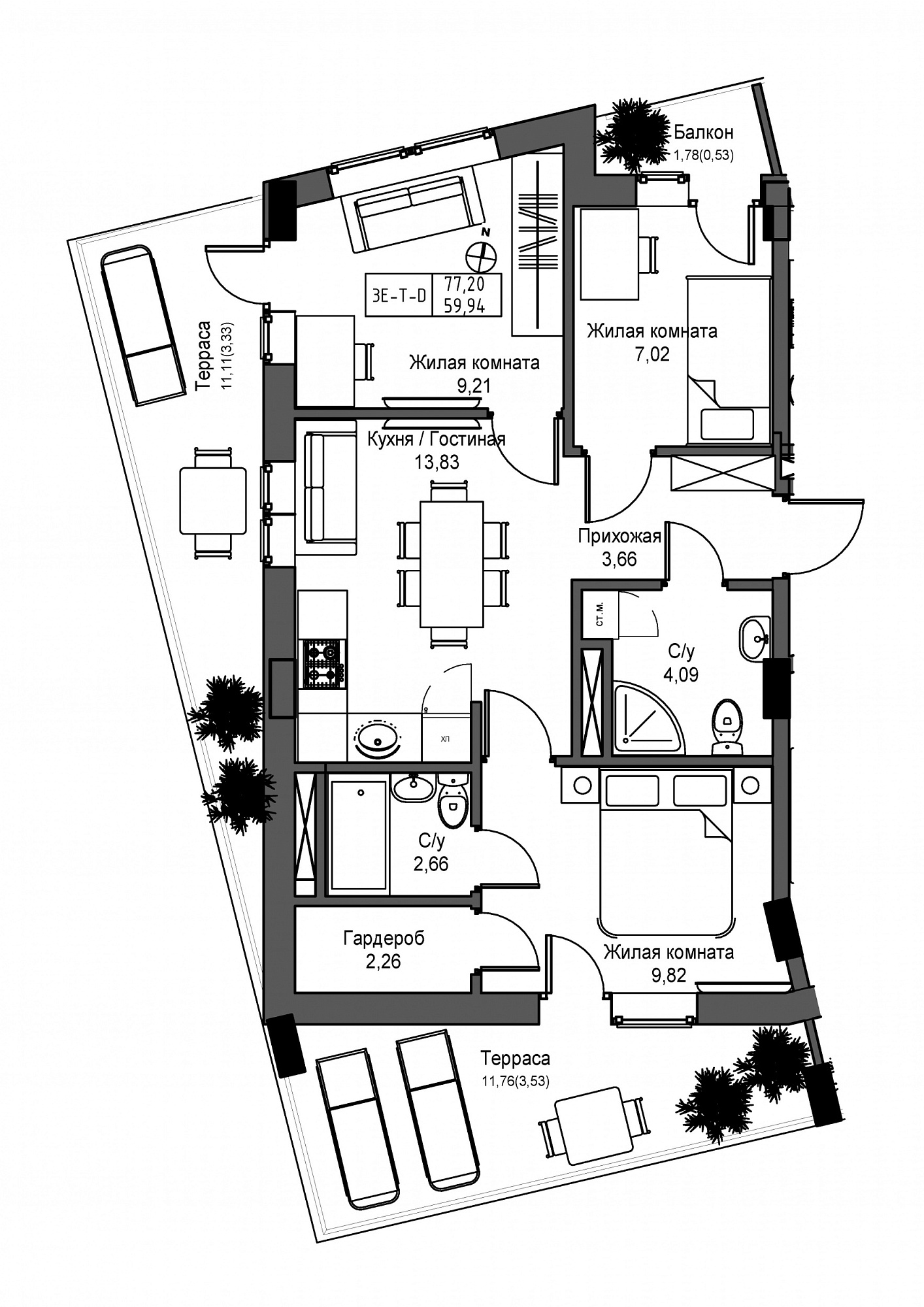 Планировка 3-к квартира площей 59.94м2, UM-004-08/0015.