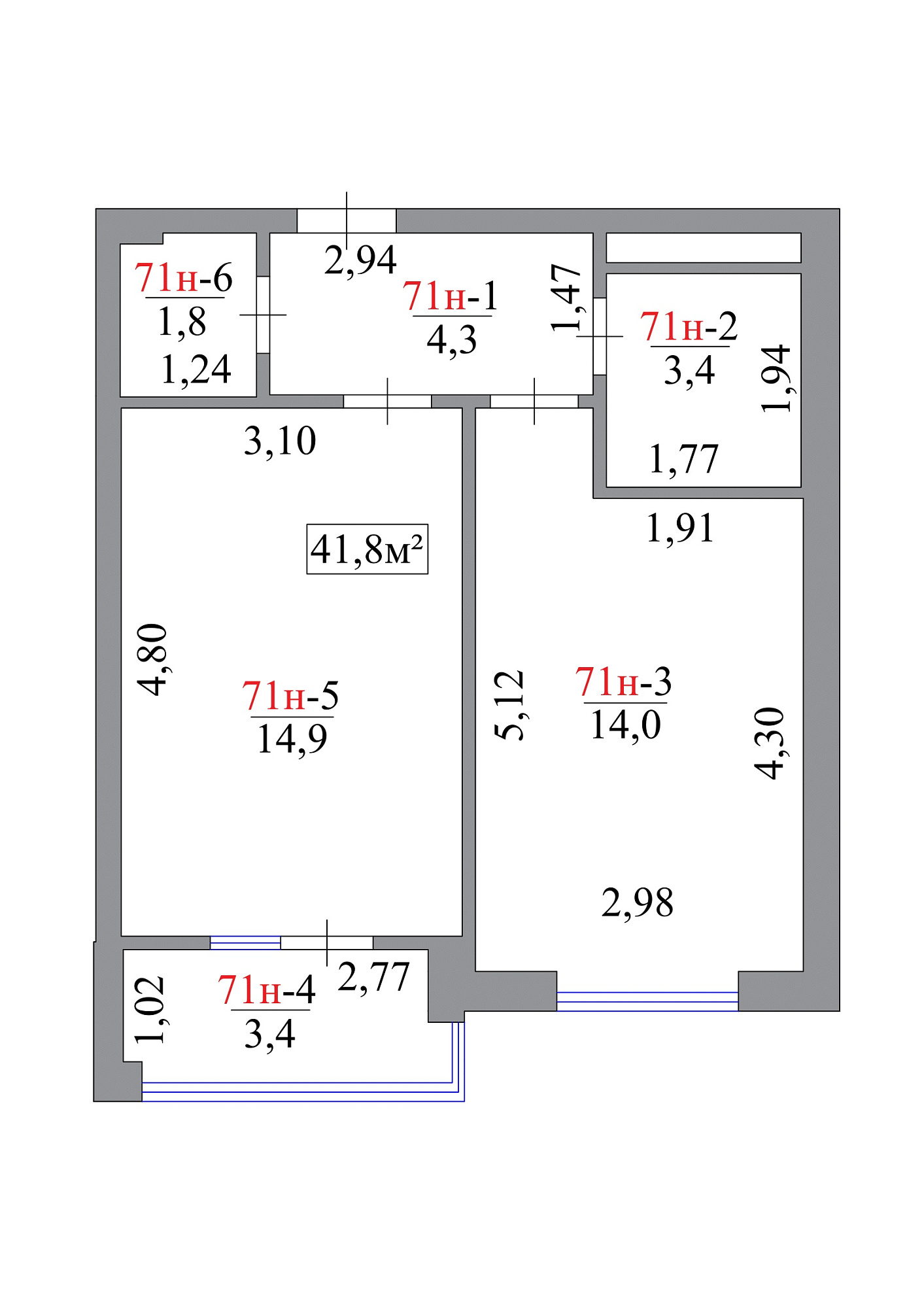 Планування 1-к квартира площею 41.8м2, AB-07-08/00064.